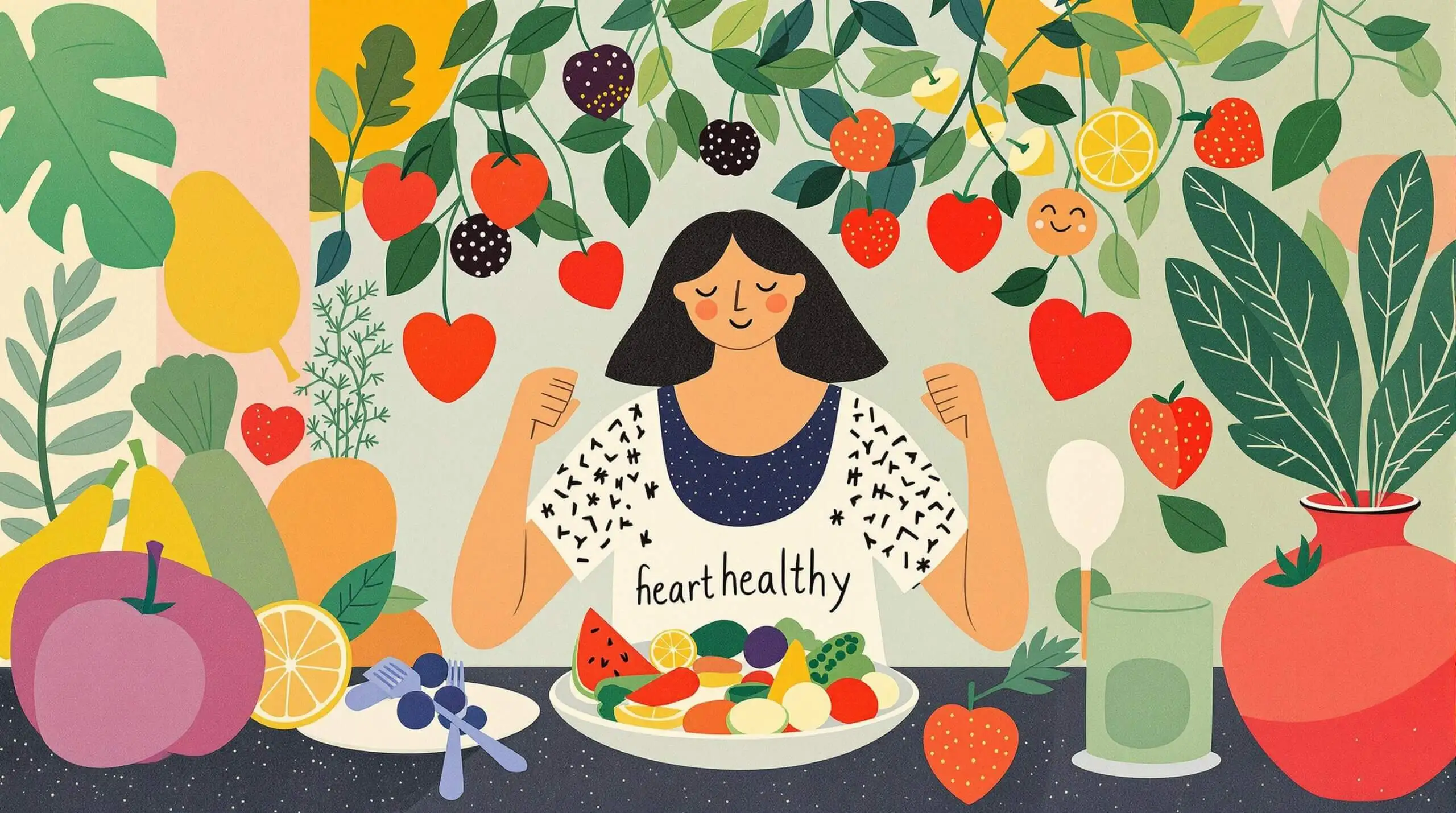 A collage illustration of a person exercising and enjoying a balanced meal, surrounded by heart-healthy elements.