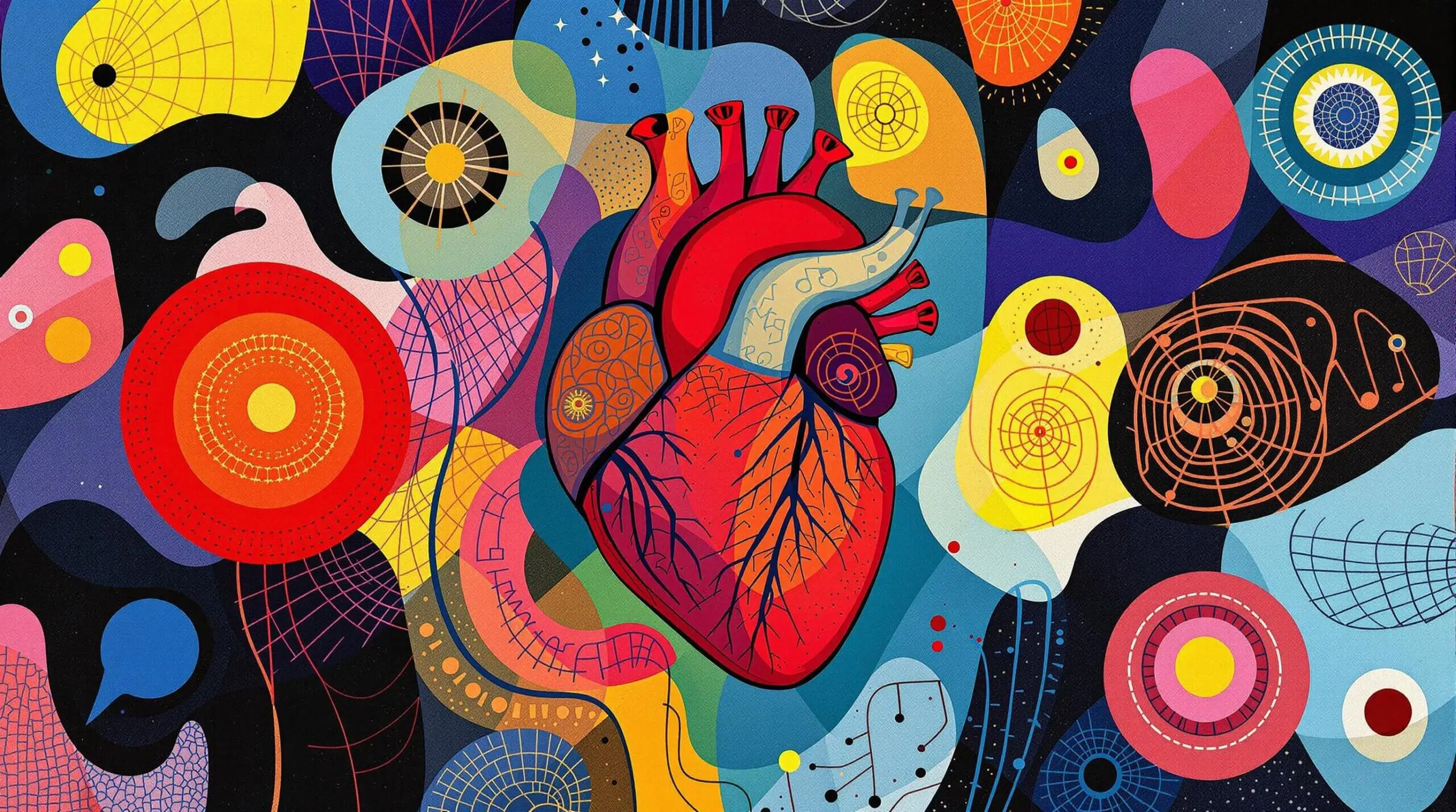 An abstract illustration of a human heart surrounded by vibrant shapes, representing heart health.