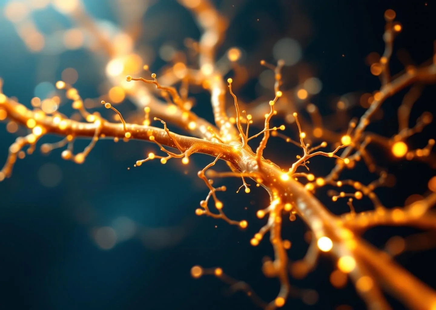 Abstract representation of glowing, interwoven golden lines symbolizing a healthy, fluid cardiovascular network against a warm, dark background.