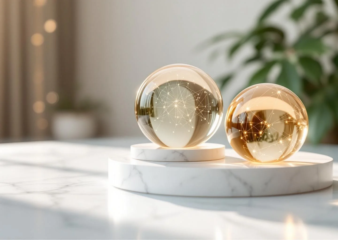 A close-up of three translucent, glowing orbs containing geometric neural networks, symbolizing molecular pathways in heart health and longevity.