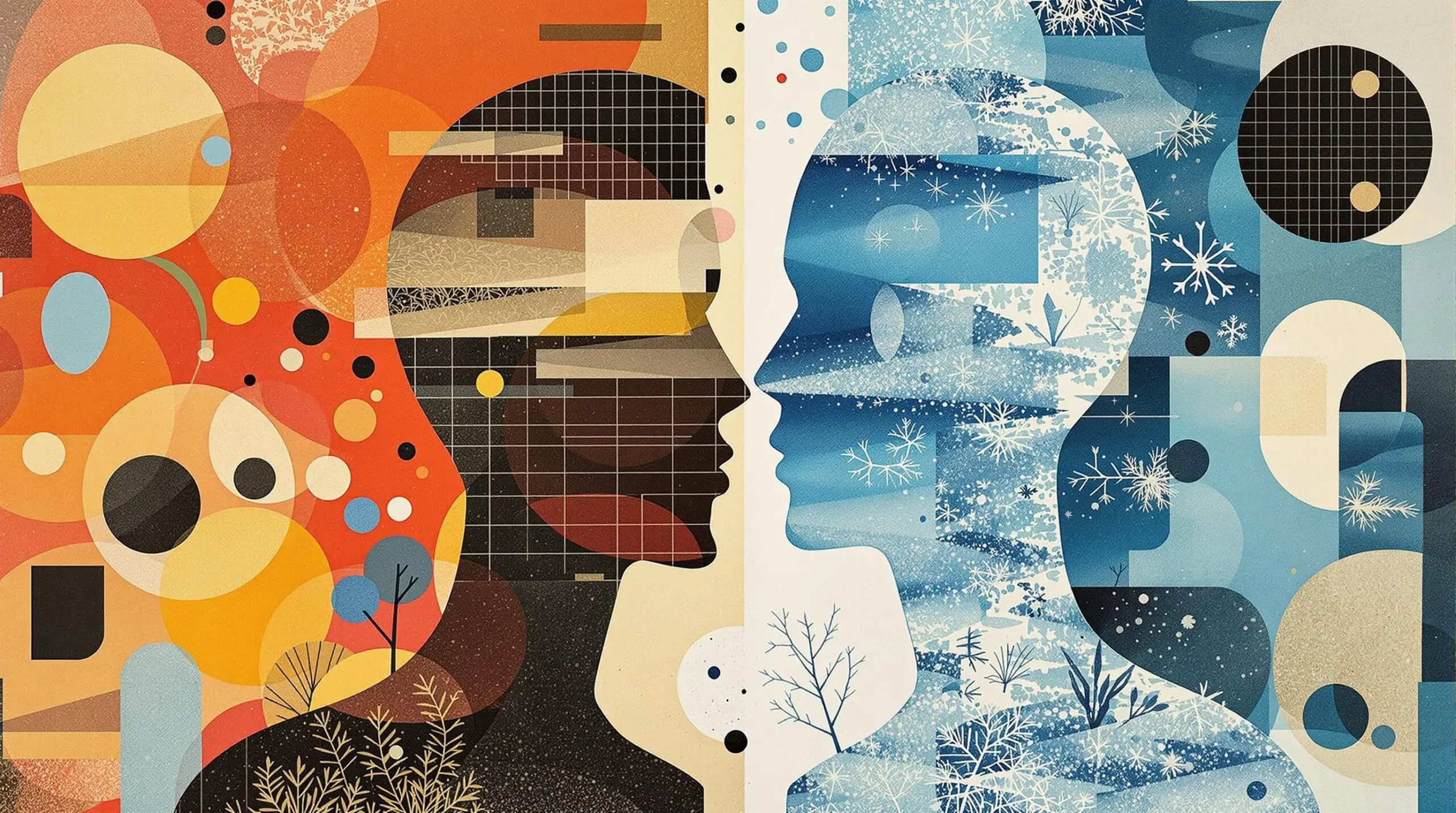 A surreal collage showing a split human silhouette with one half designed with sauna warmth and the other with cryotherapy cold, amidst an abstract background.