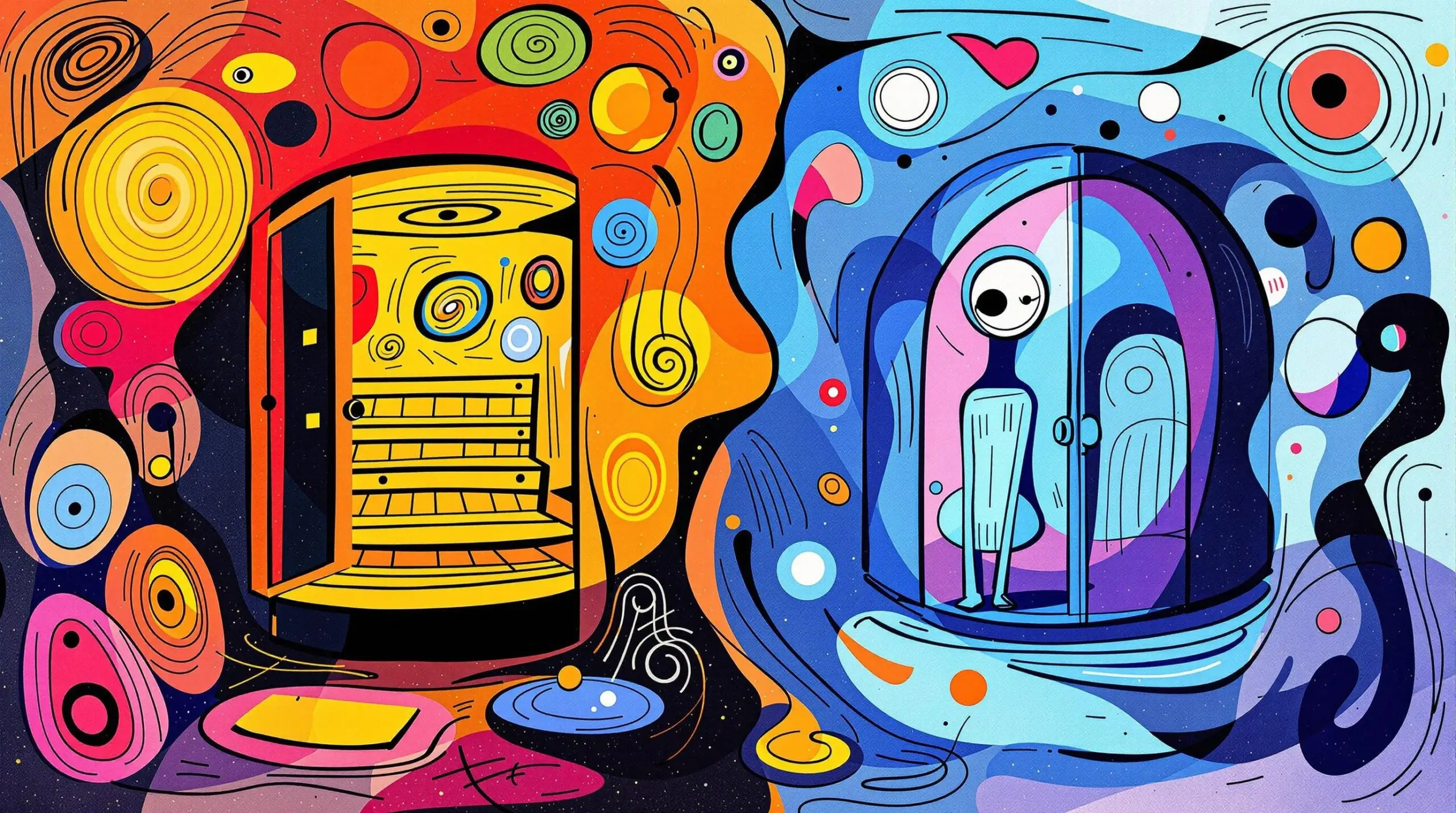 An abstract illustration depicting the contrast between heat in a sauna and cold in a cryotherapy chamber with vibrant colors and playful shapes.