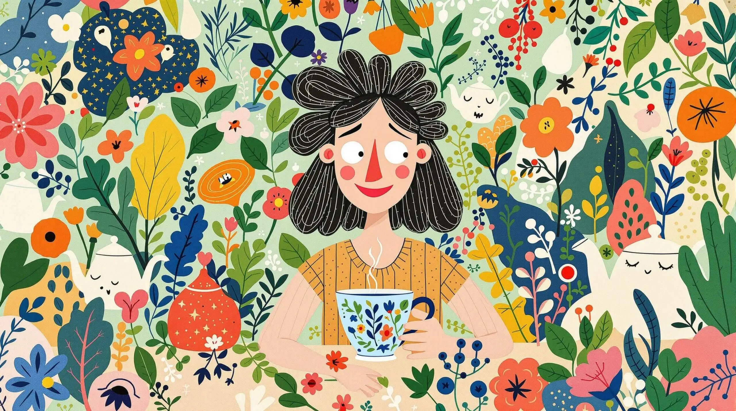 A comical illustration of a character with joyful, exaggerated features enjoying herbal tea in a colorful setting.