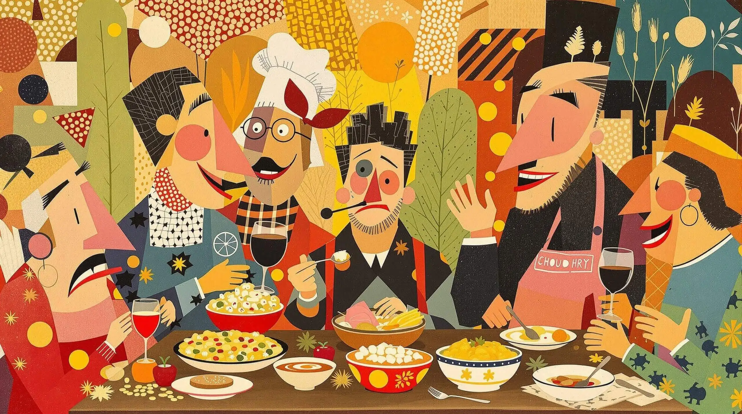 A collage featuring exaggerated figures enjoying heritage grain-based dishes, in a Hannah Hoch-inspired style.
