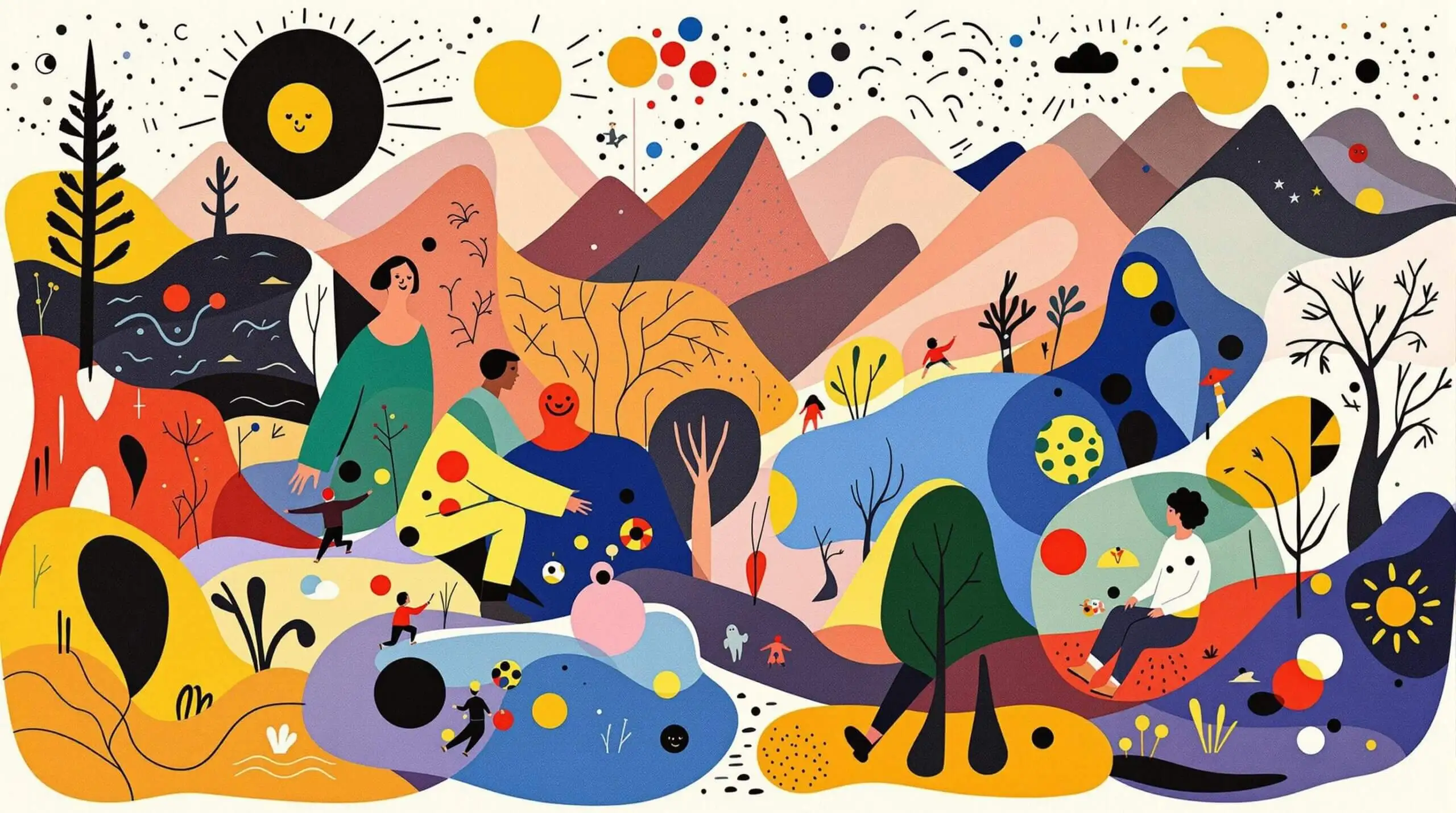 A vibrant illustration of people playing sports and enjoying outdoor activities at a high-altitude setting.