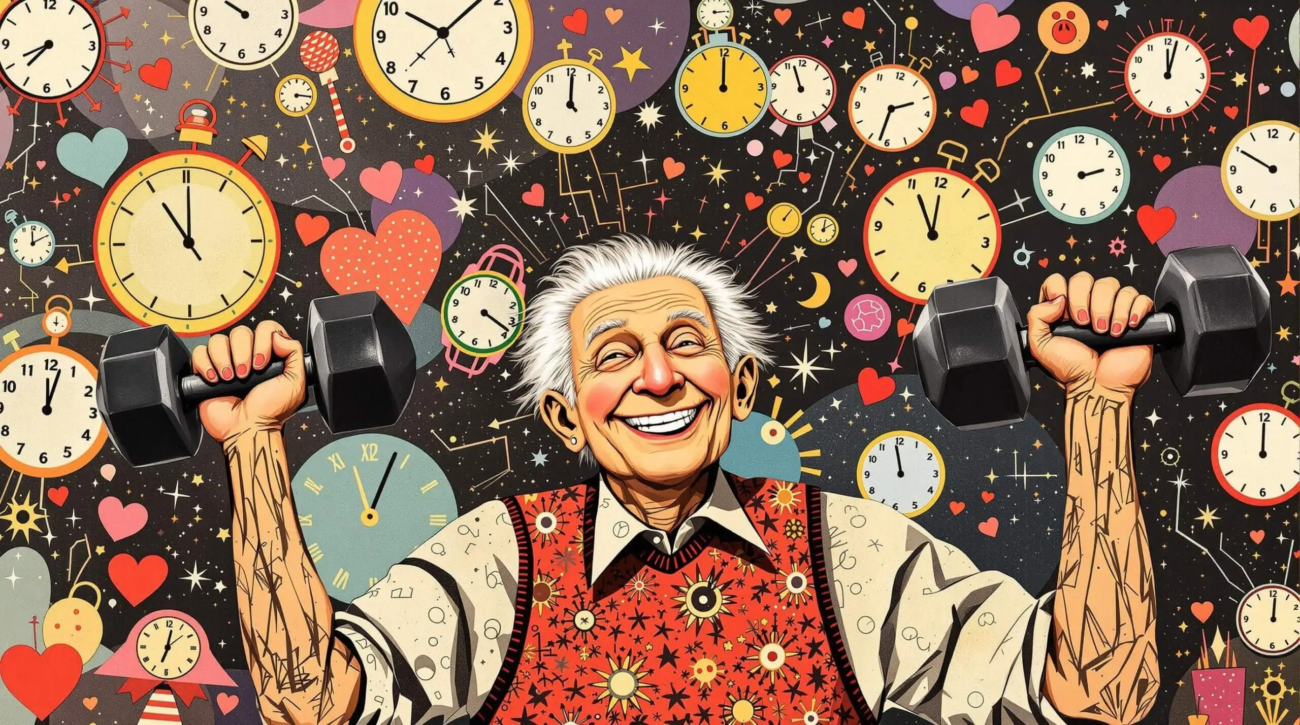 Collage of an elderly person exercising with symbols of time and heart health.