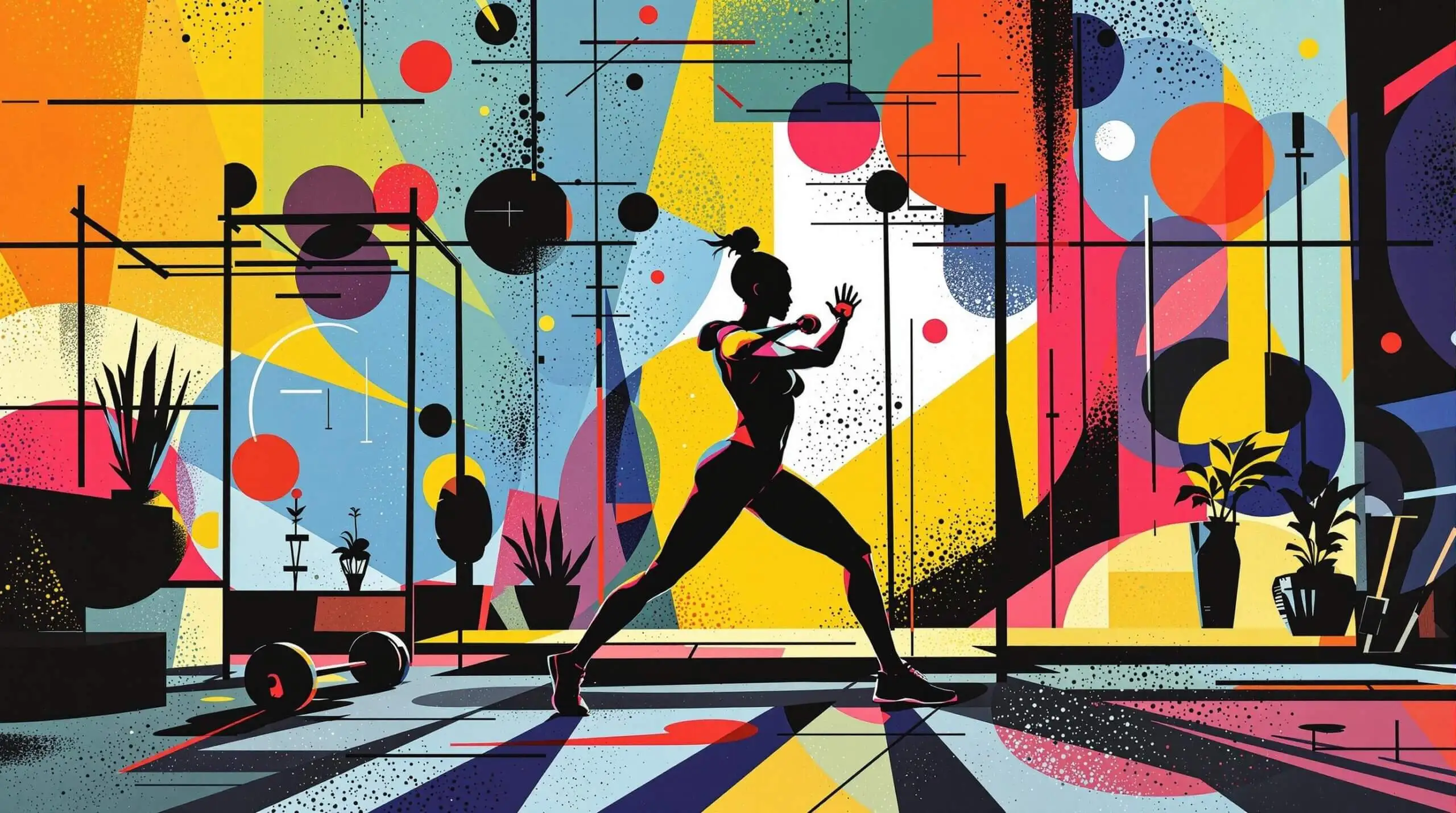 Abstract illustration of high-intensity interval training in a gym with dynamic shapes.