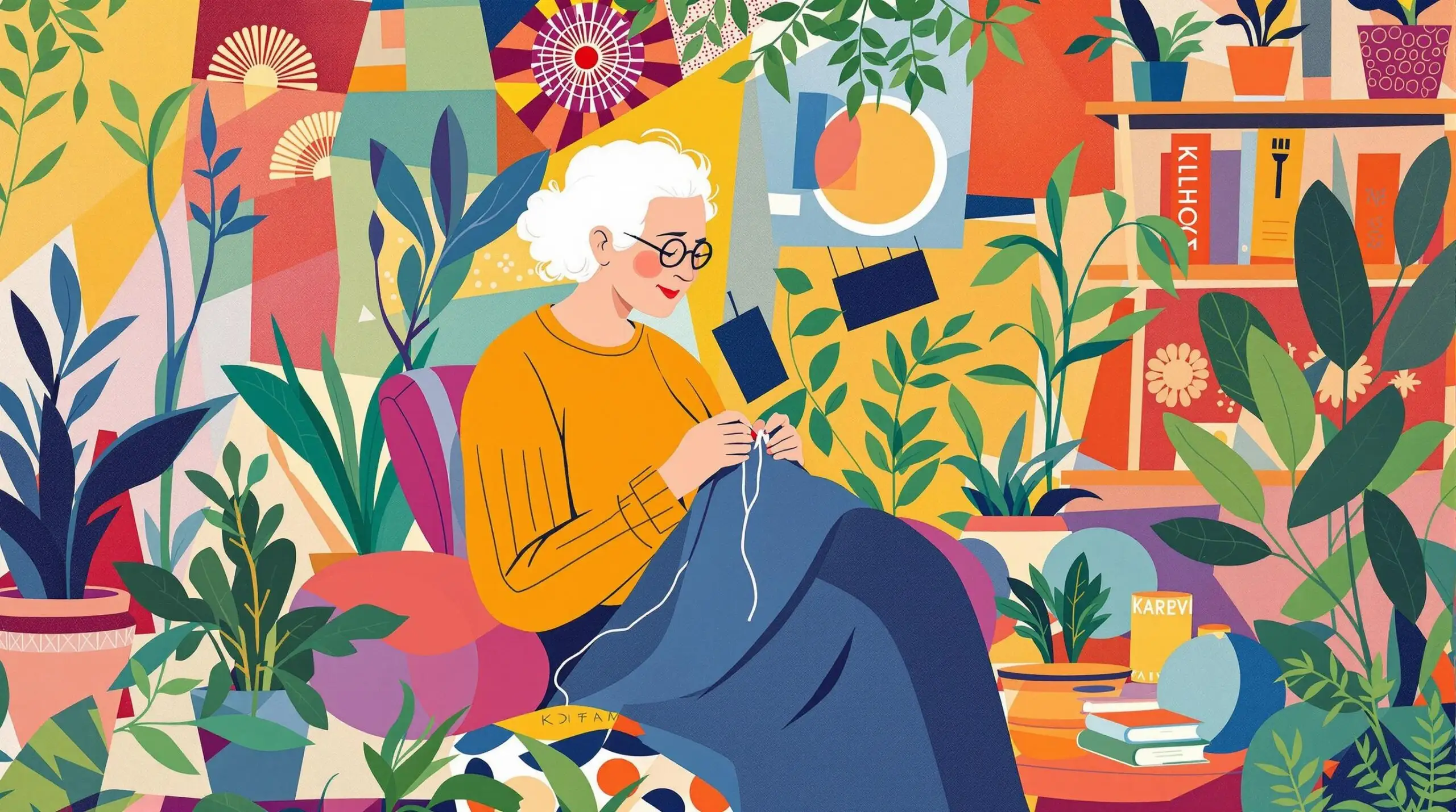 An elderly person knitting in a colorful room filled with plants and books, surrounded by geometric patterns.