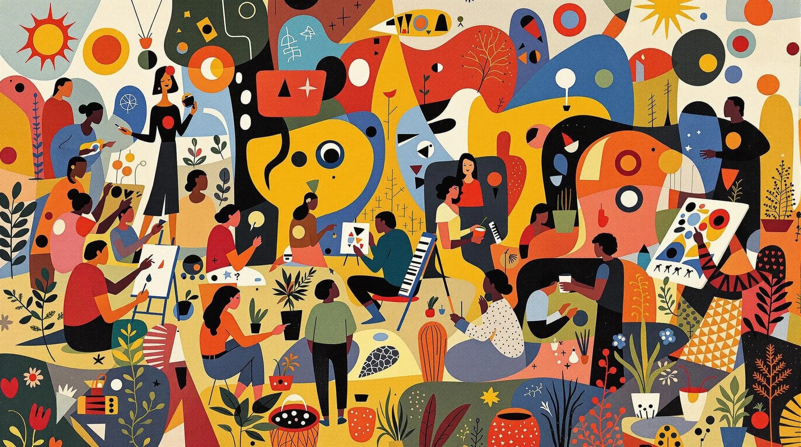 A lively illustration of people enjoying hobbies like painting, music, and gardening against a backdrop of abstract shapes.