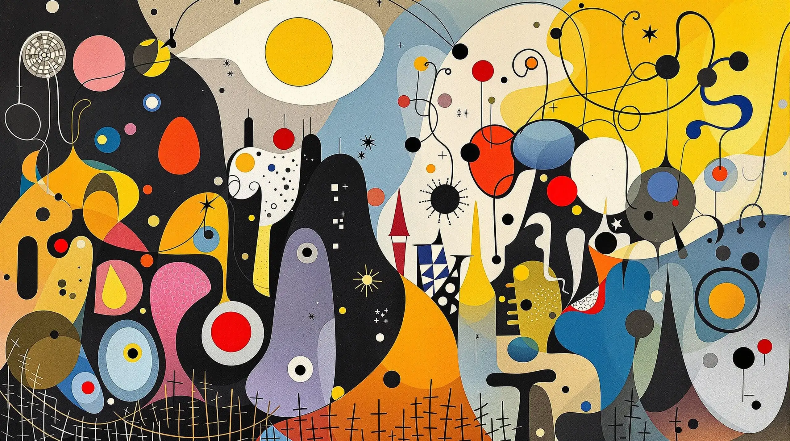 Abstract depiction of mTOR pathway inhibition by rapamycin in Miró's style.