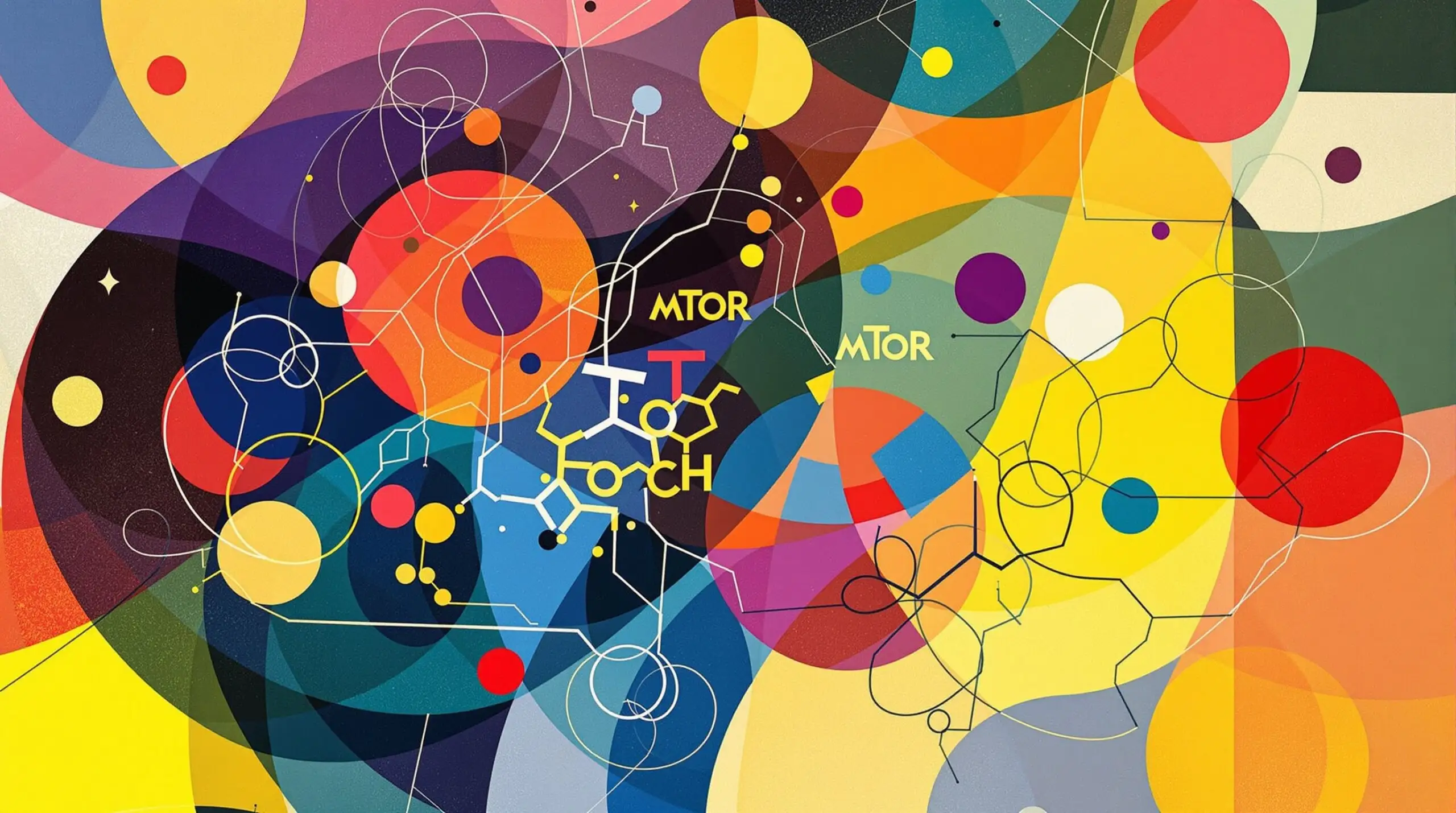 Abstract illustration of rapamycin binding to the mTOR complex in Kandinsky's style.