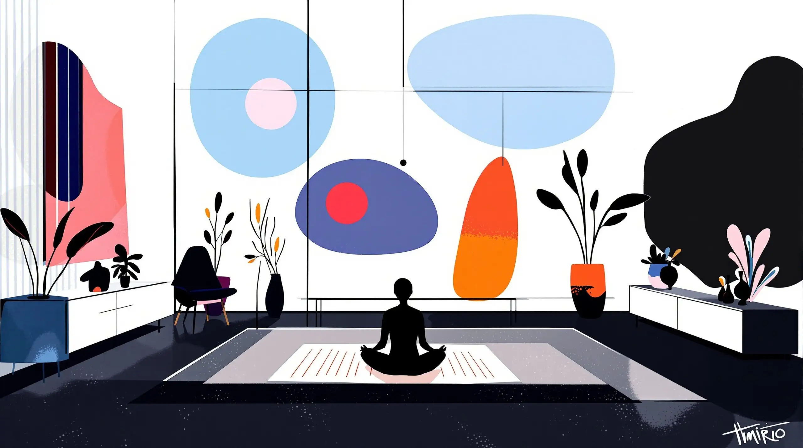 A person meditating in a minimalist living room amidst abstract colorful shapes.
