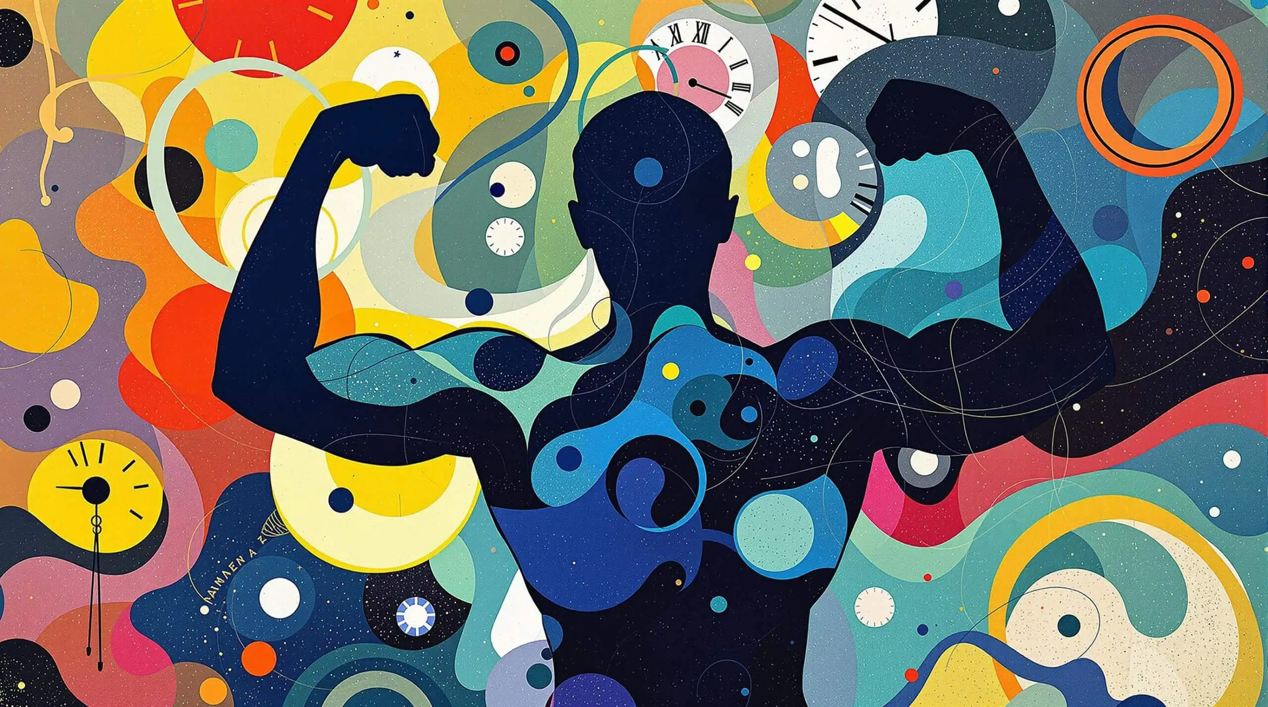 Silhouette of a person flexing muscles with abstract clock face and pattern background.