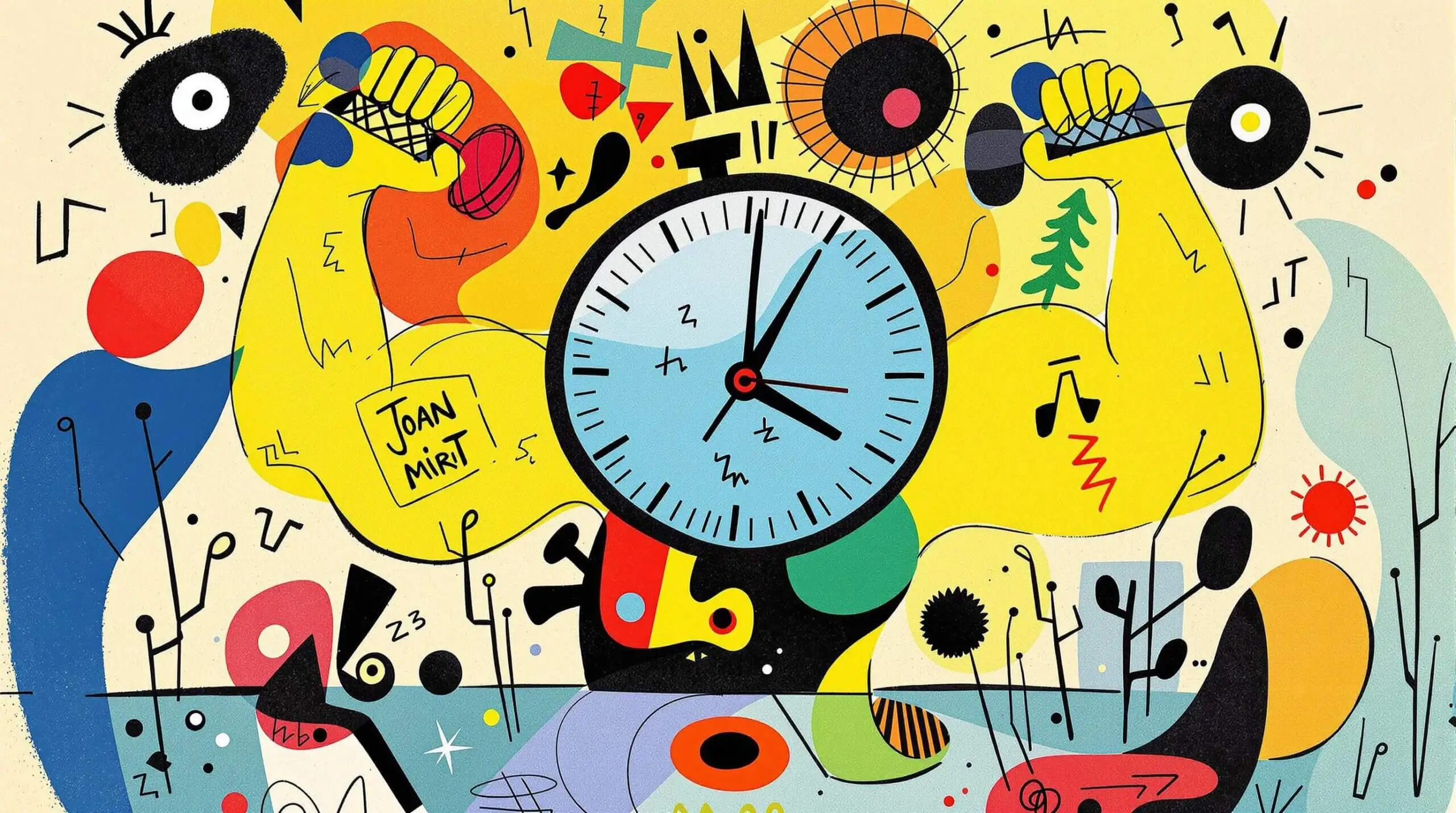 A vibrant abstract clock with muscular arms lifting dumbbells.