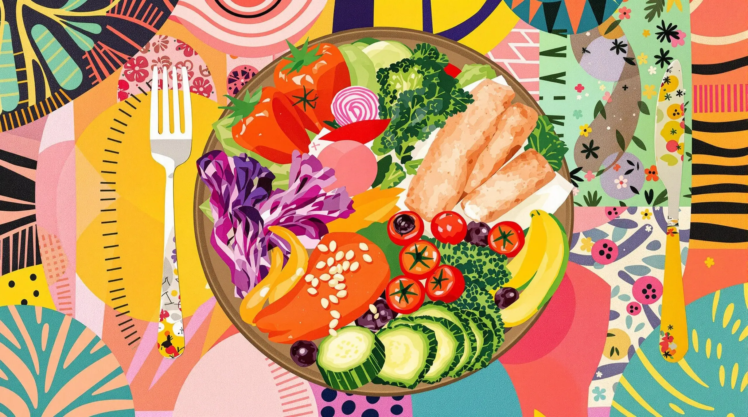 A collage illustration of a nutritious meal within a playful abstract background.