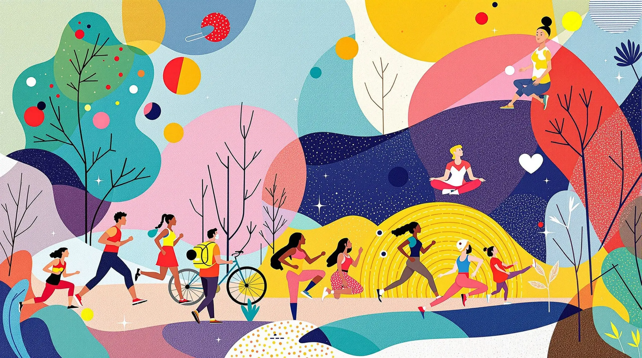 A colorful illustration of people exercising in a Kandinsky-style abstract background.