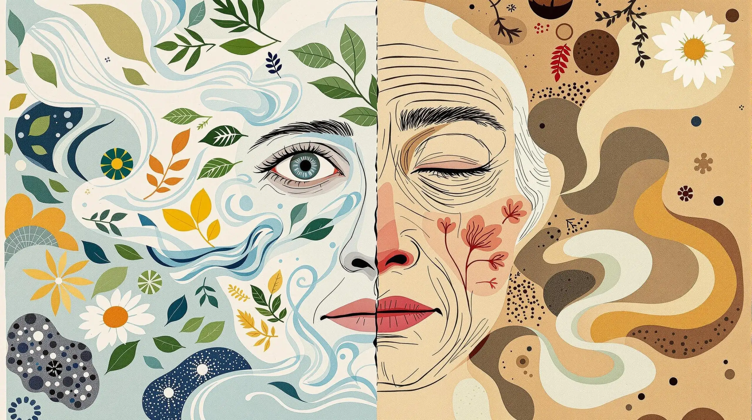 Collage showing hydrated youthfulness against signs of aging.