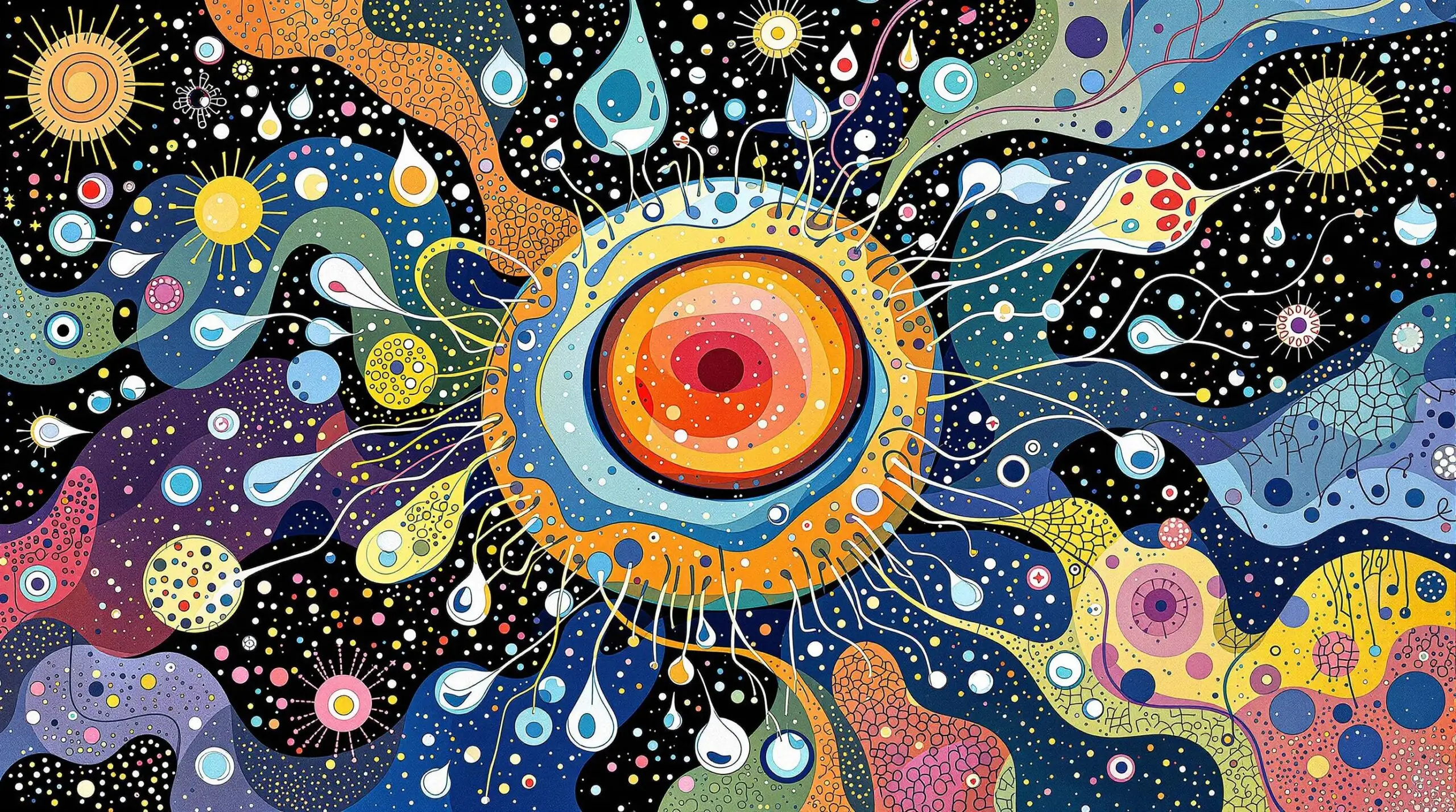 Abstract illustration of a human cell surrounded by water droplets and patterns.