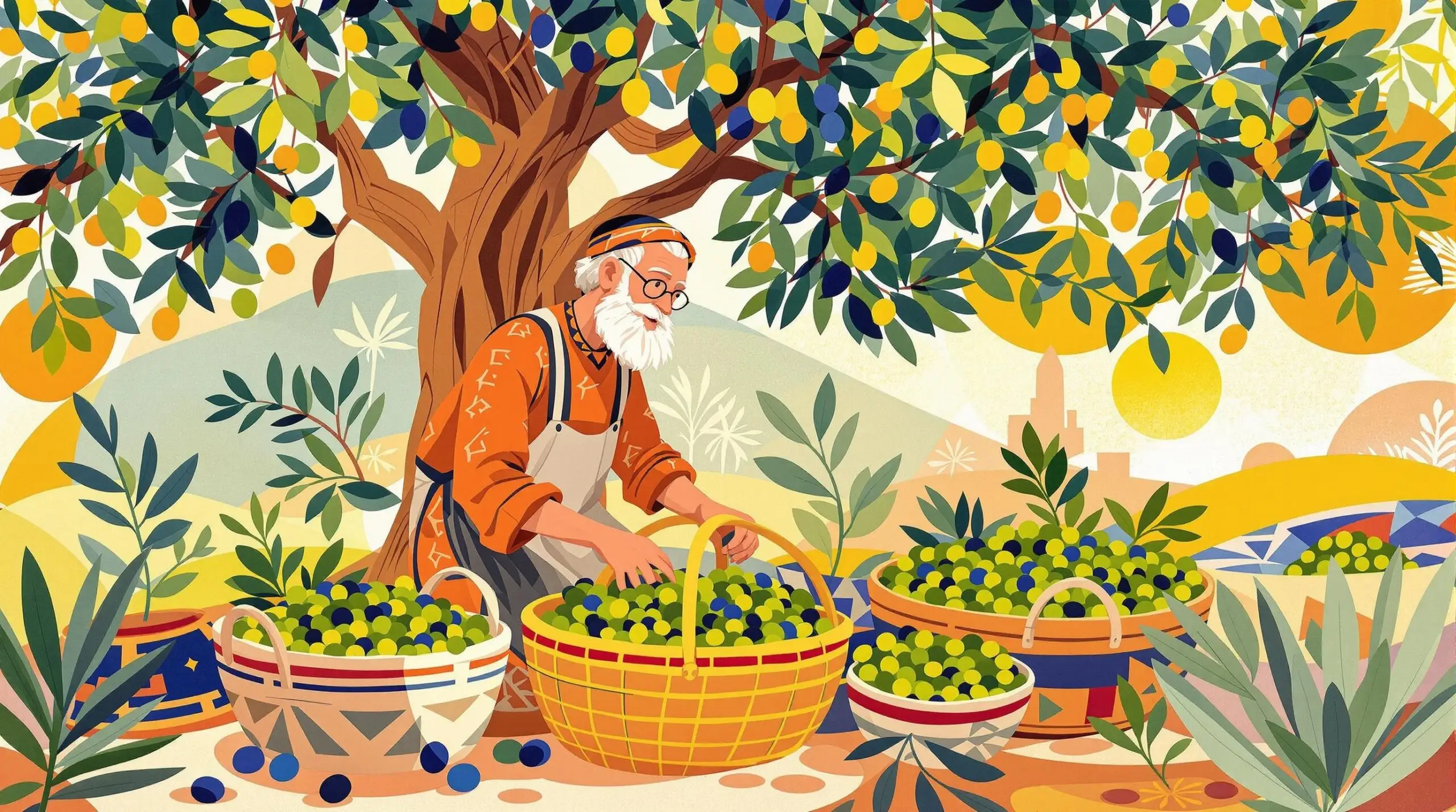 An elderly Icarian harvests olives with traditional attire and baskets.