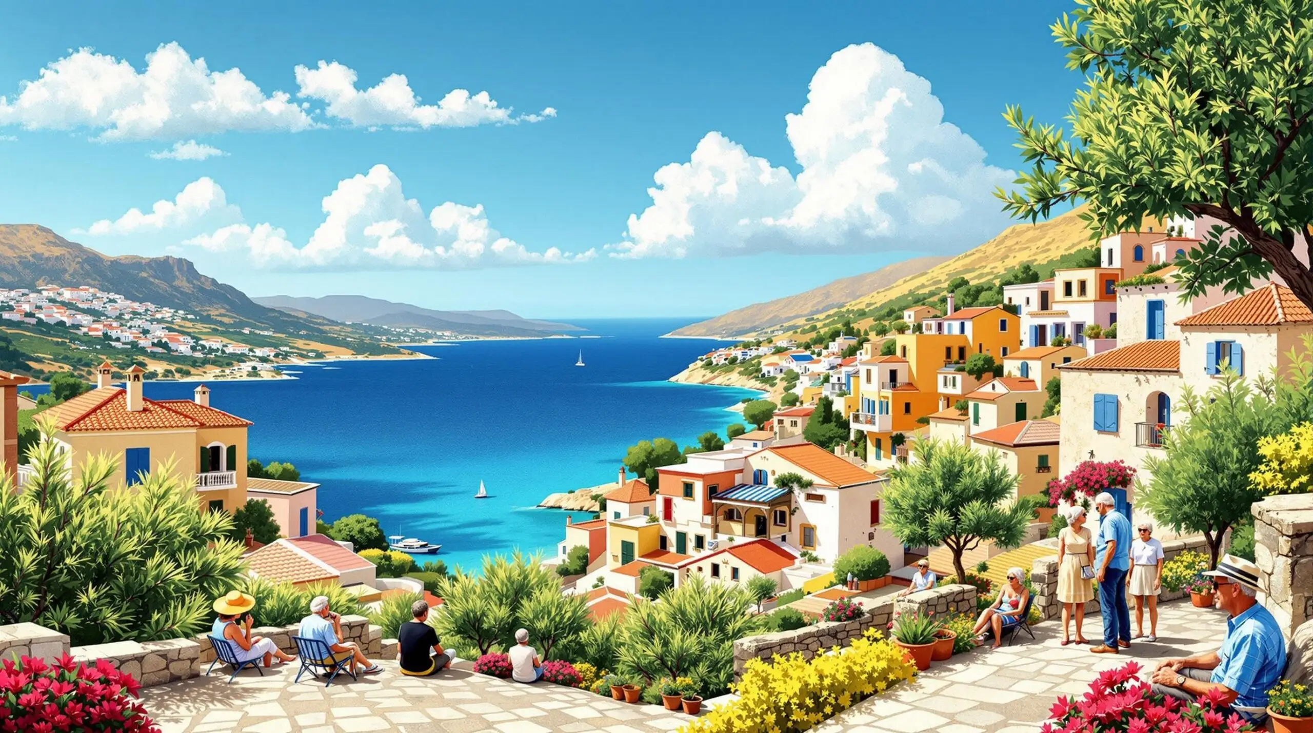 Peaceful illustration of an Icarian village with elderly locals and the Aegean Sea in the background.