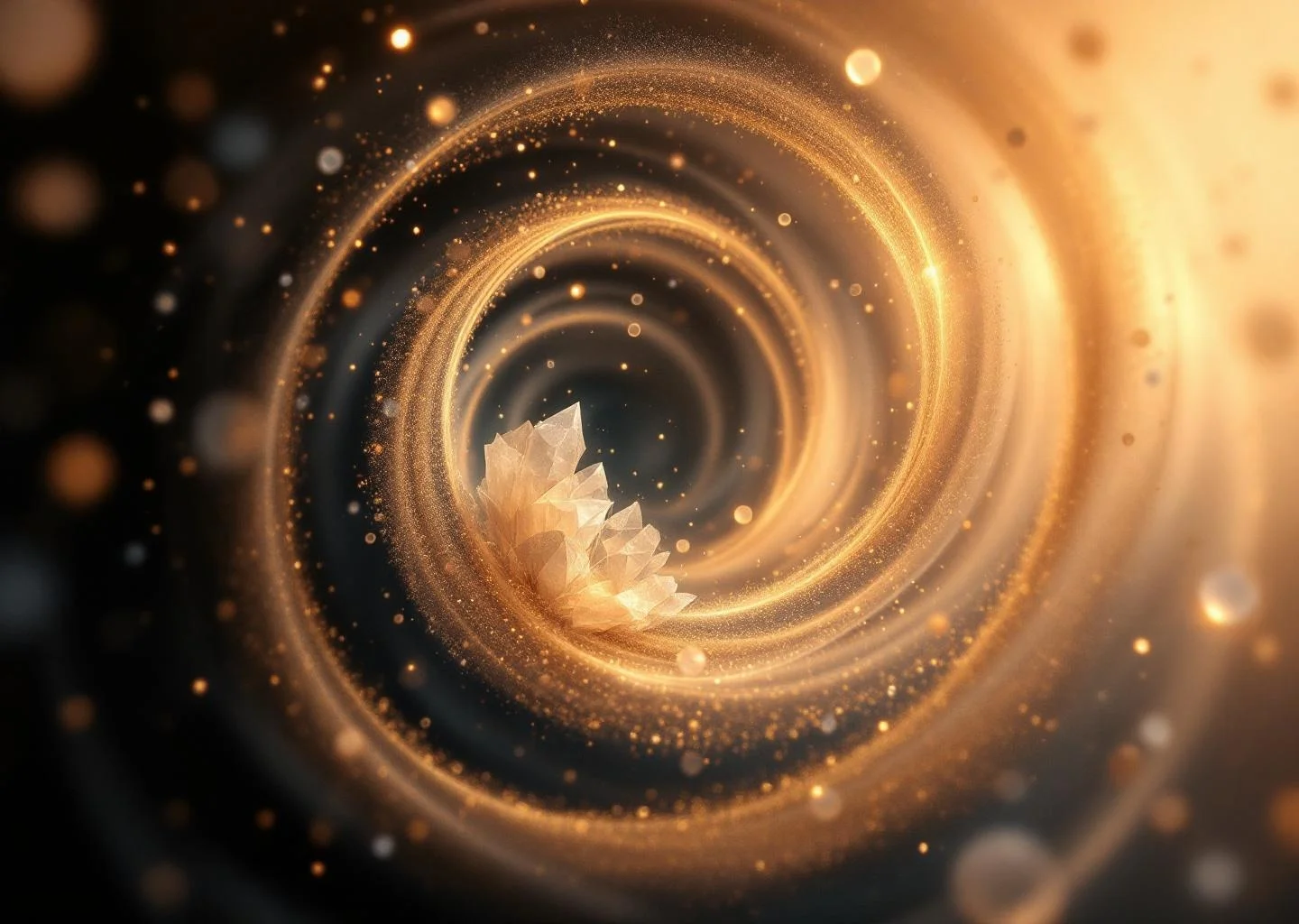 An abstract visualization of aging represented by swirling golden particles and fragmenting geometric structures in warm, soft focus.
