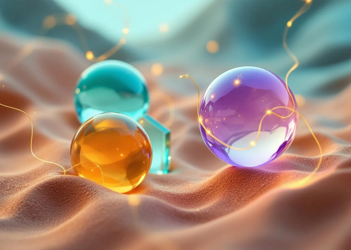 An abstract representation of three glowing, translucent geometric shapes connected by thin, golden light filaments against a warm, minimalist background, symbolizing metabolic and immune pathways.