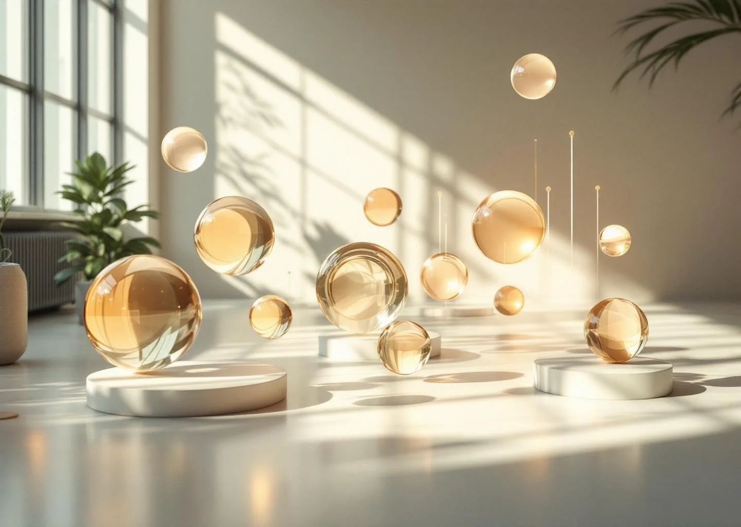 An abstract, modern digital art piece representing biological health markers through elegant, glowing glass orbs and geometric rings in warm, soft tones.