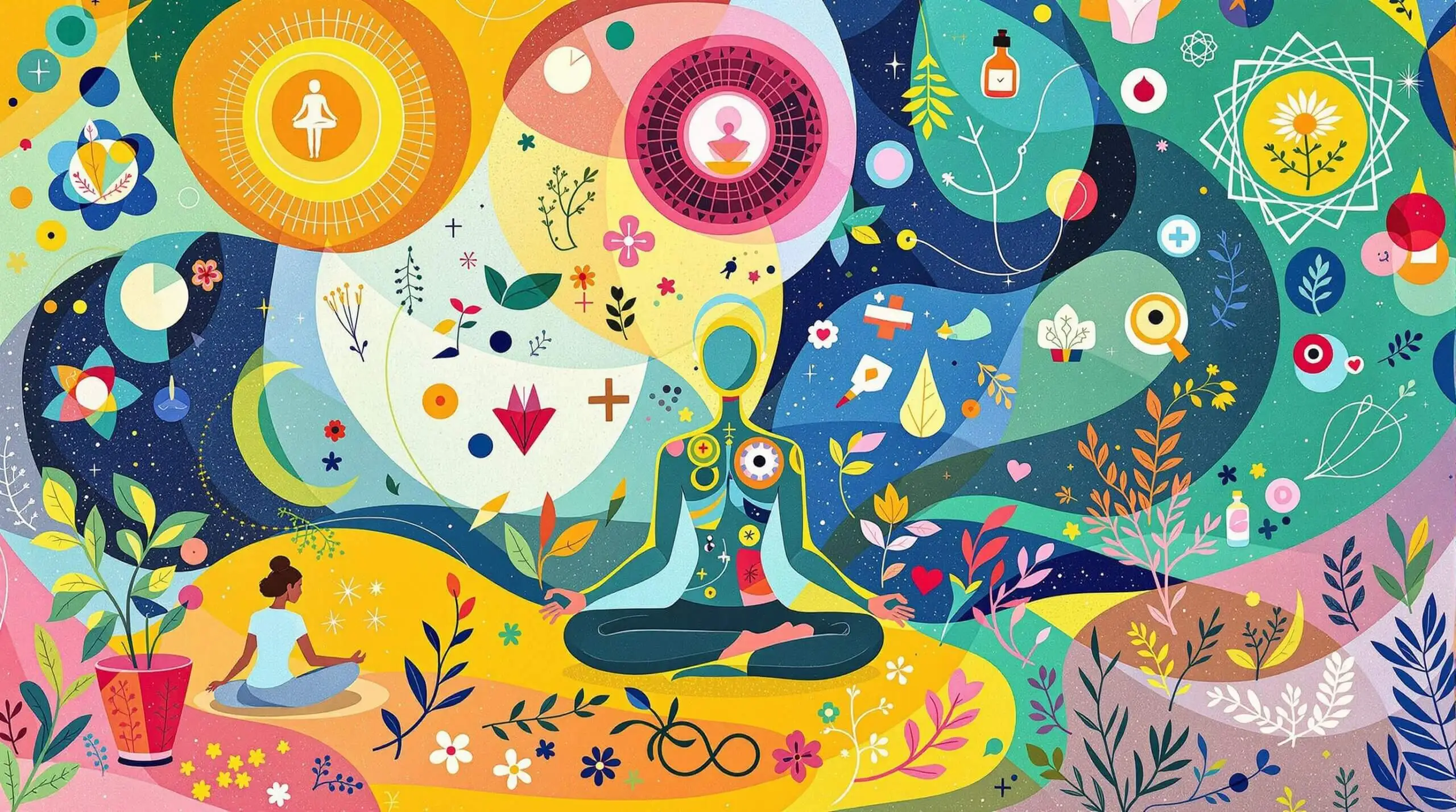 Kandinsky-style illustration of traditional and modern health practices in harmony.