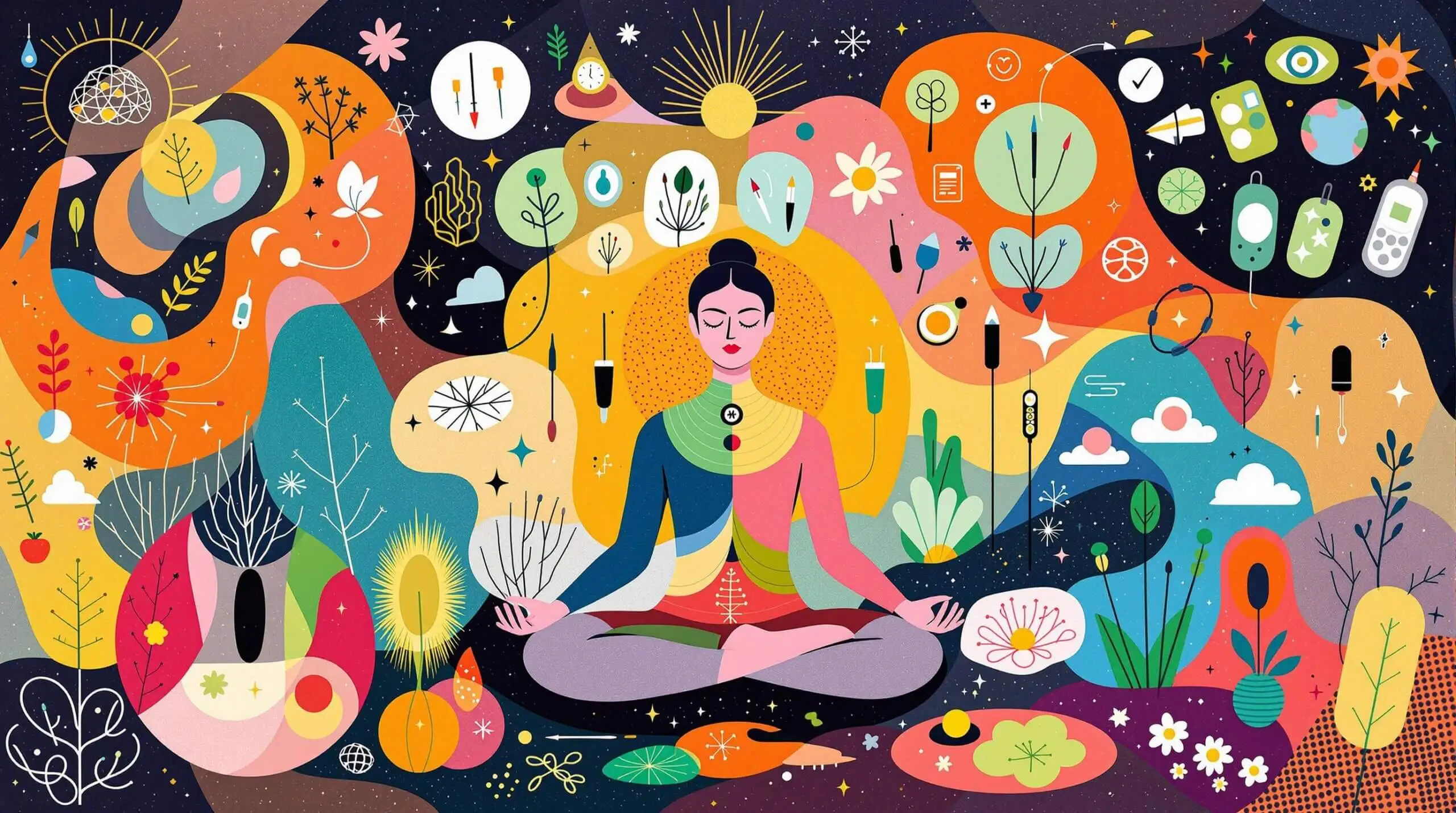 Miro-style illustration of integrative medicine blending ancient and modern elements.