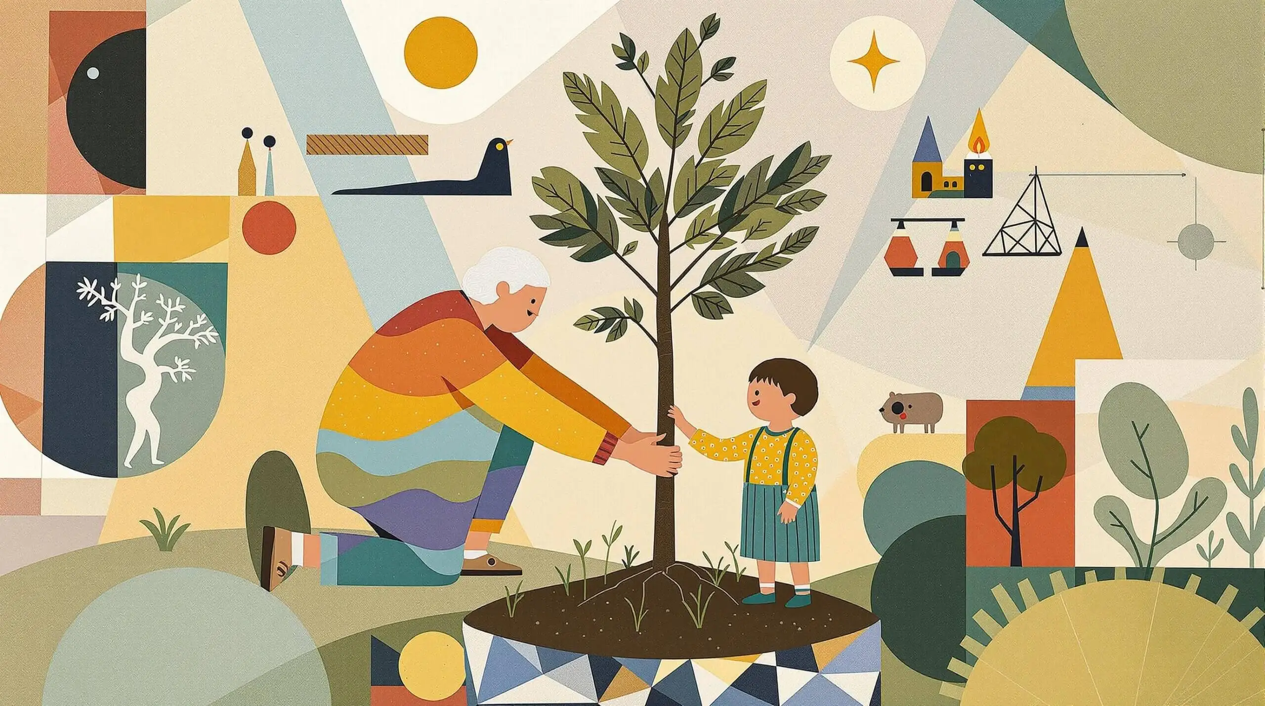 An artistic collage of an elder and child planting a tree, set against a backdrop of abstract shapes and playful patterns symbolizing growth and bonding.