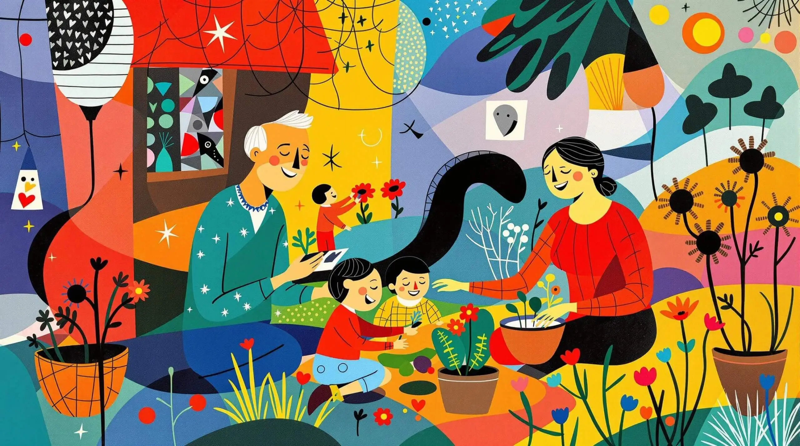 A colorful abstract illustration of family members from different generations joyfully interacting in a lively home environment.