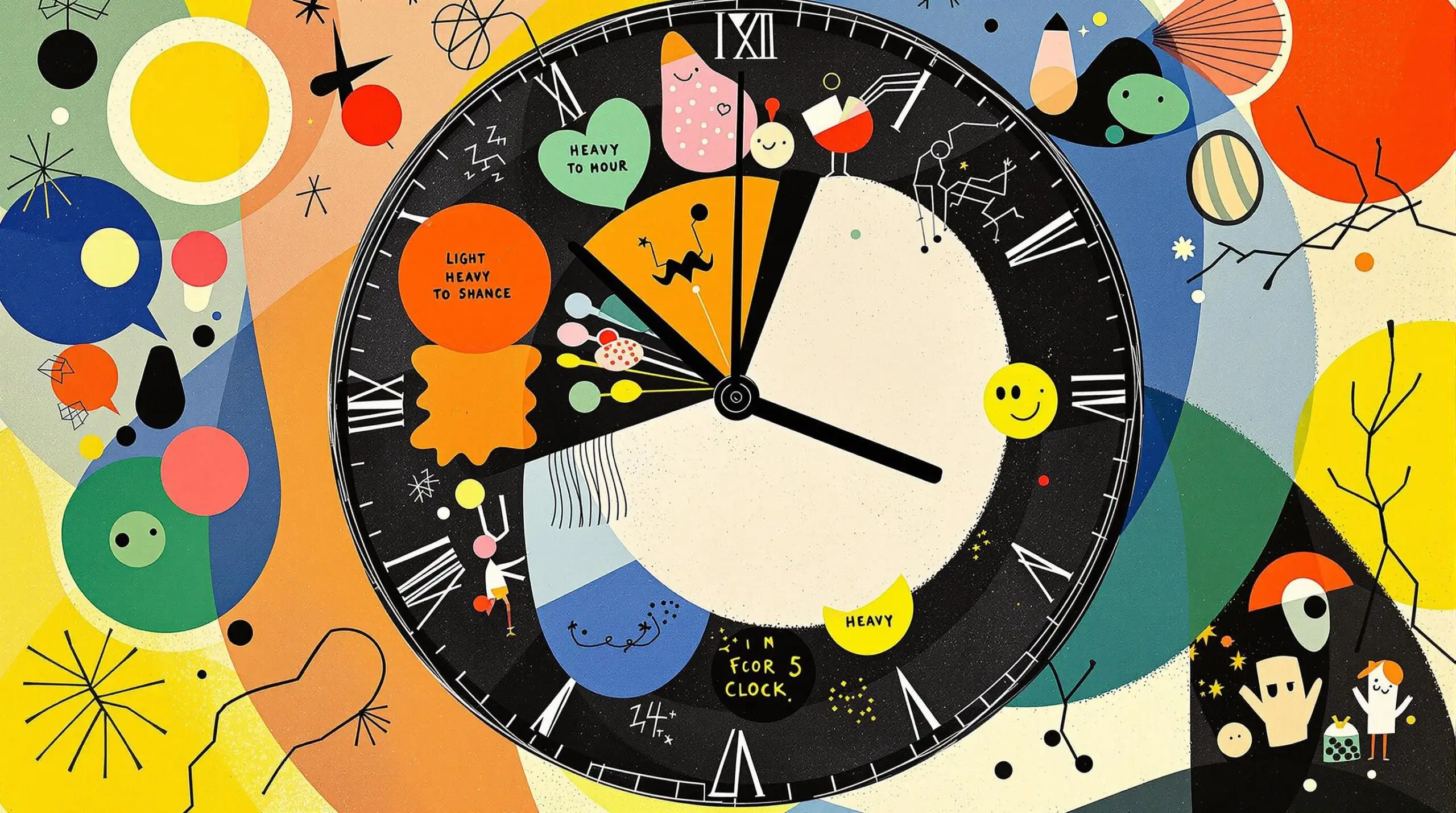 Abstract art of meals on a clock face with energetic shapes.