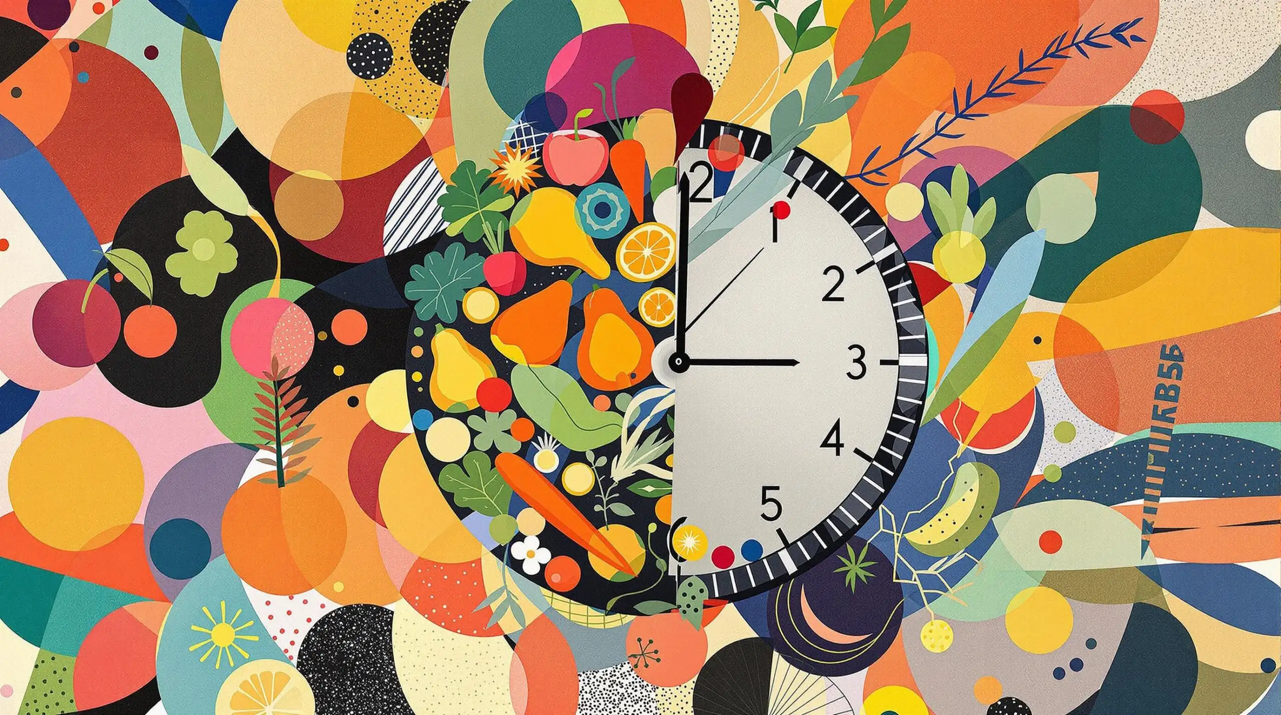 A collage with a clock, fruit, vegetables, and a meditative human silhouette.