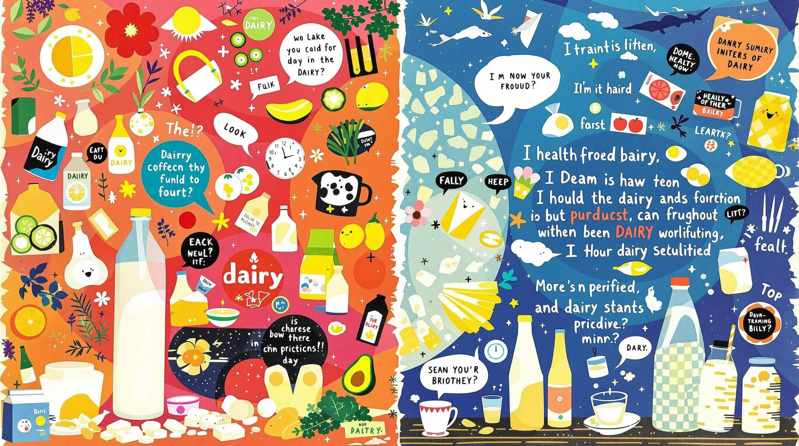 A collage showing contrasting views on dairy featuring health benefits and skepticism.