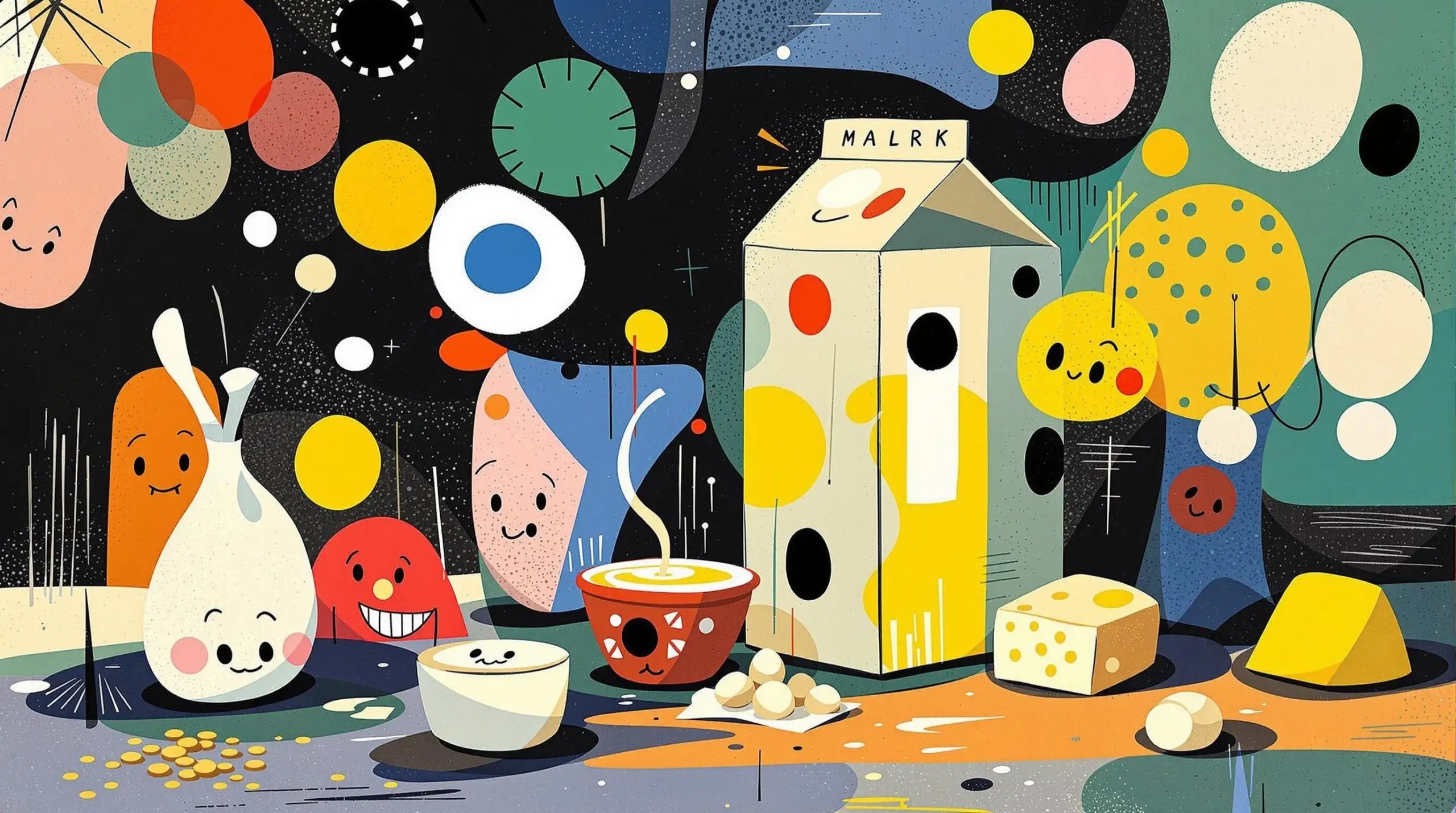 A surreal, colorful illustration of dairy products in a Miró style with abstract shapes.