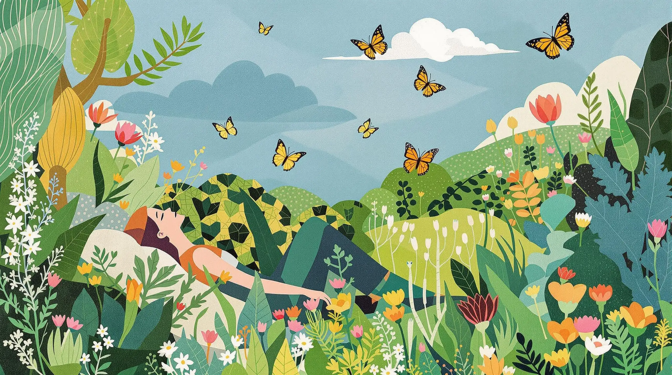 A colorful collage illustration of a person relaxing in nature with greenery and butterflies.