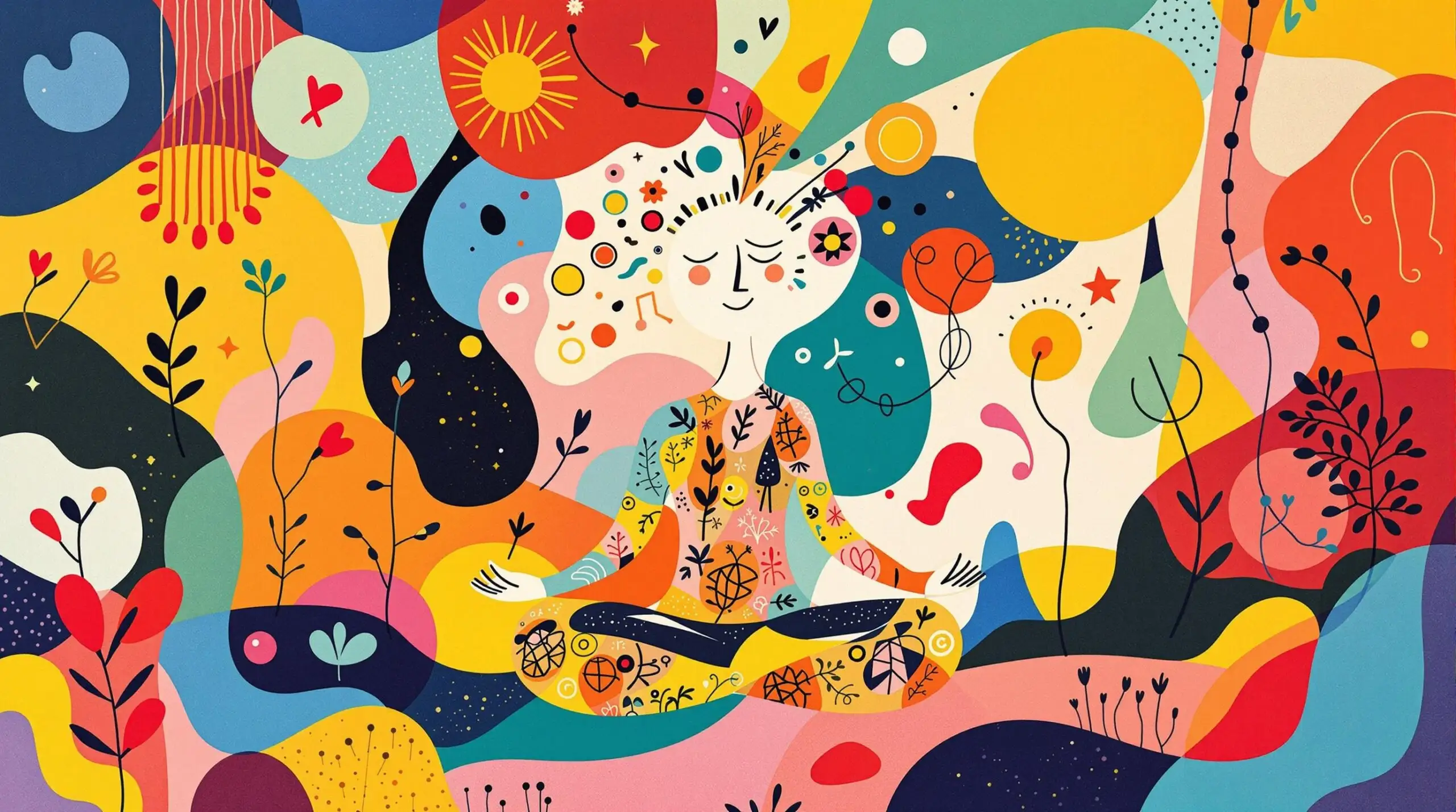 A colorful abstract illustration of a person meditating surrounded by playful patterns and shapes.
