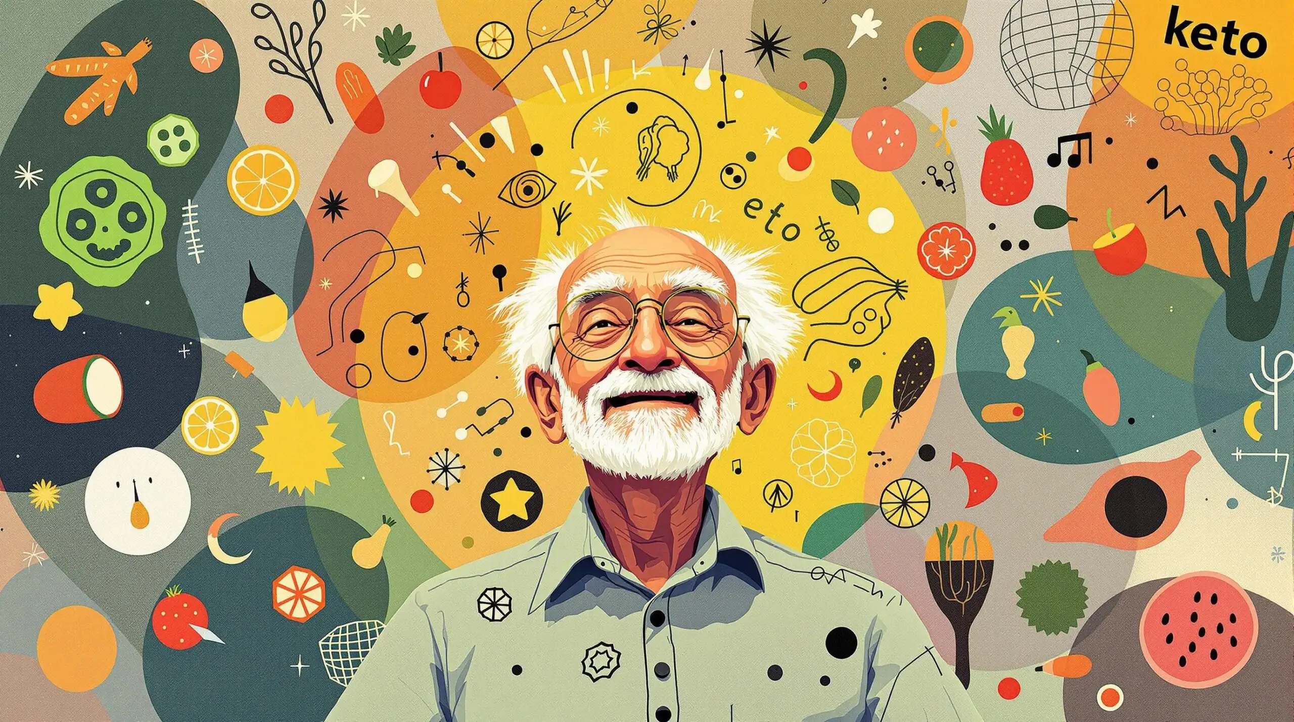Artistic depiction of an energetic elderly person with abstract keto-themed patterns in a Miró style.