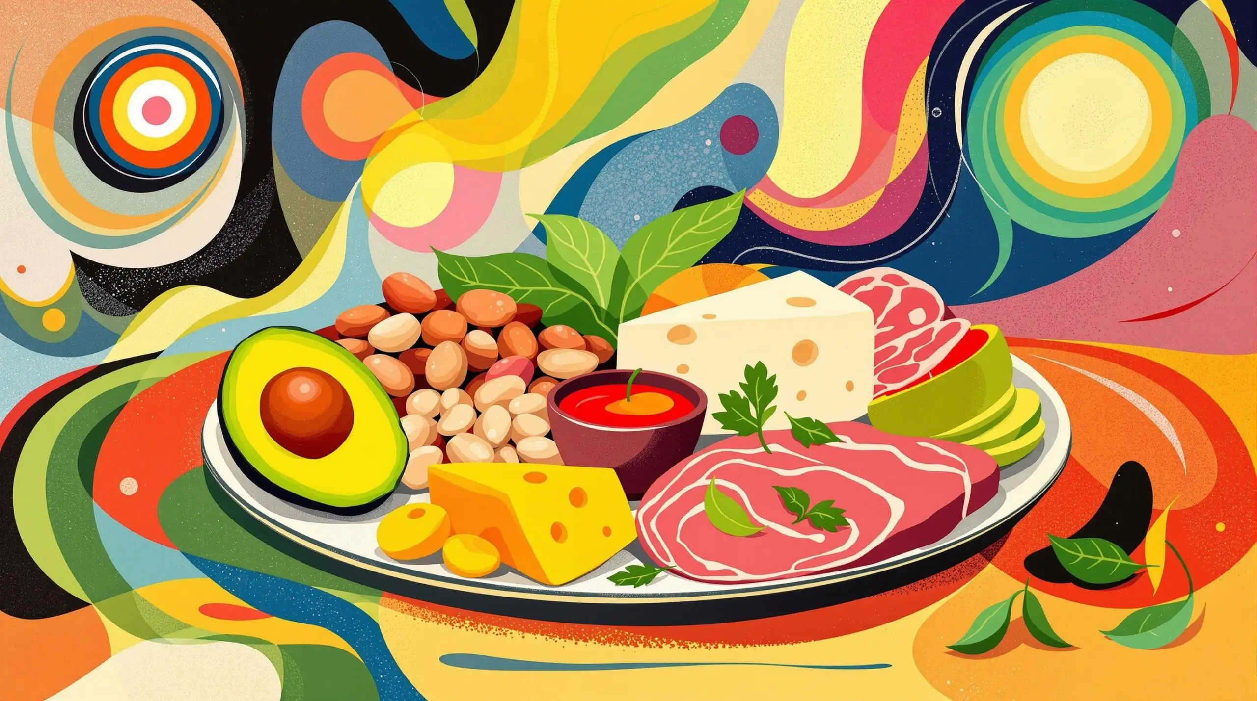 Artistic illustration of diverse keto foods in an abstract Kandinsky style.