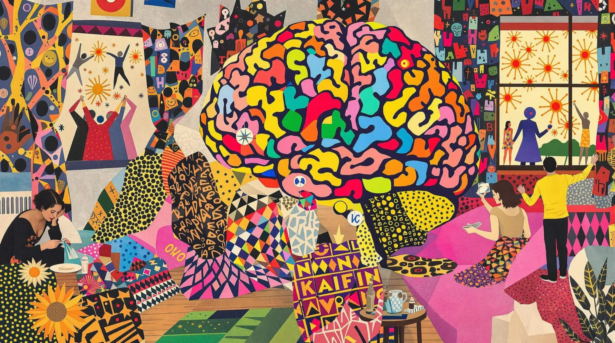 Surreal collage of a woman knitting a brain with dancing neurons outside the window.