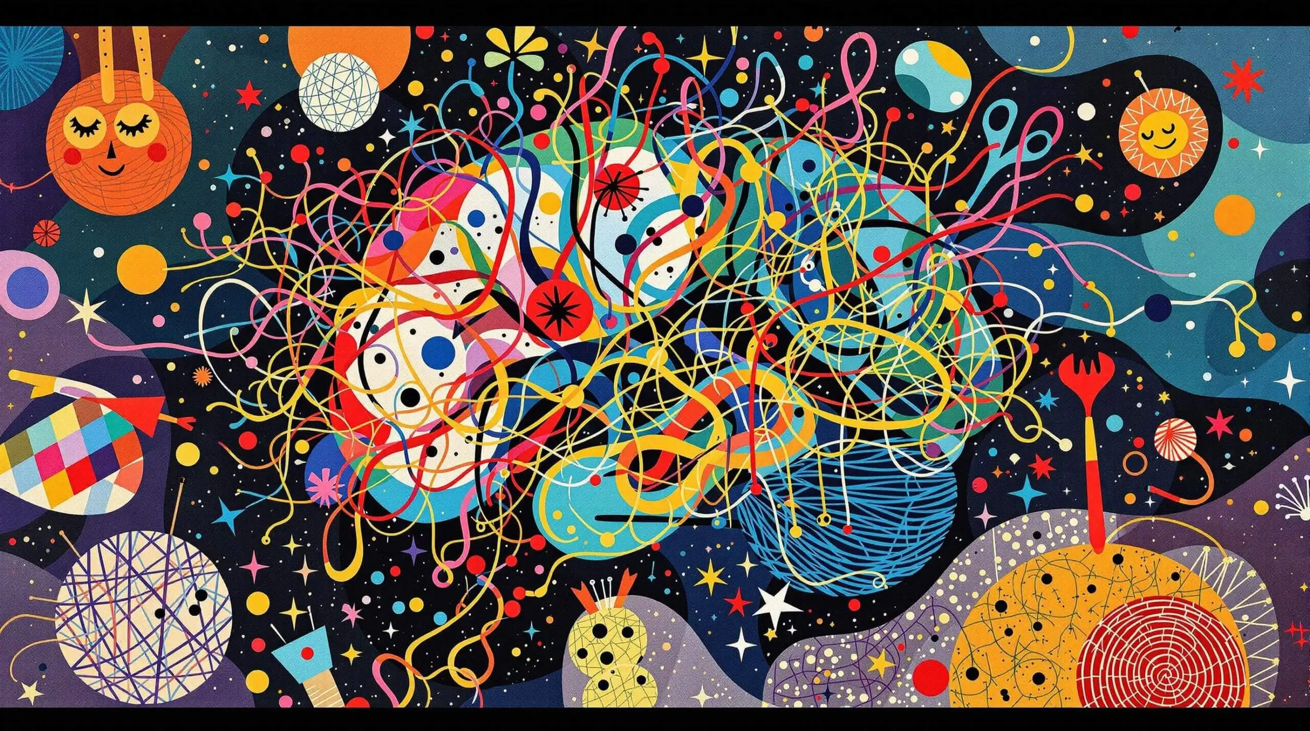 An artistic illustration of a brain made of knitting threads with colorful neurons.