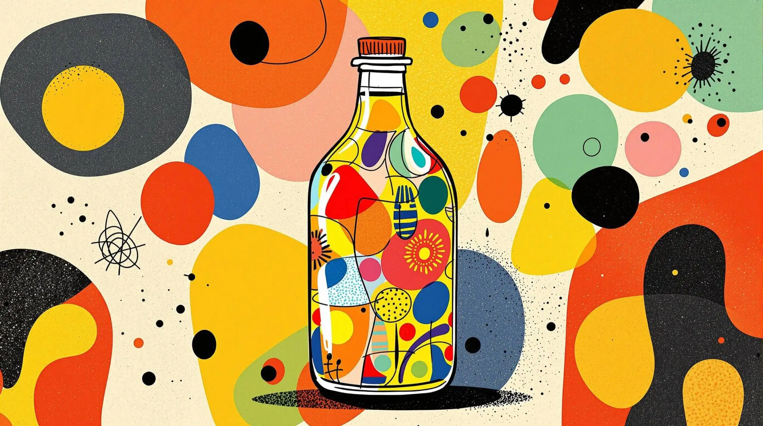 A vibrant and colorful kombucha bottle with abstract shapes and patterns in the background.