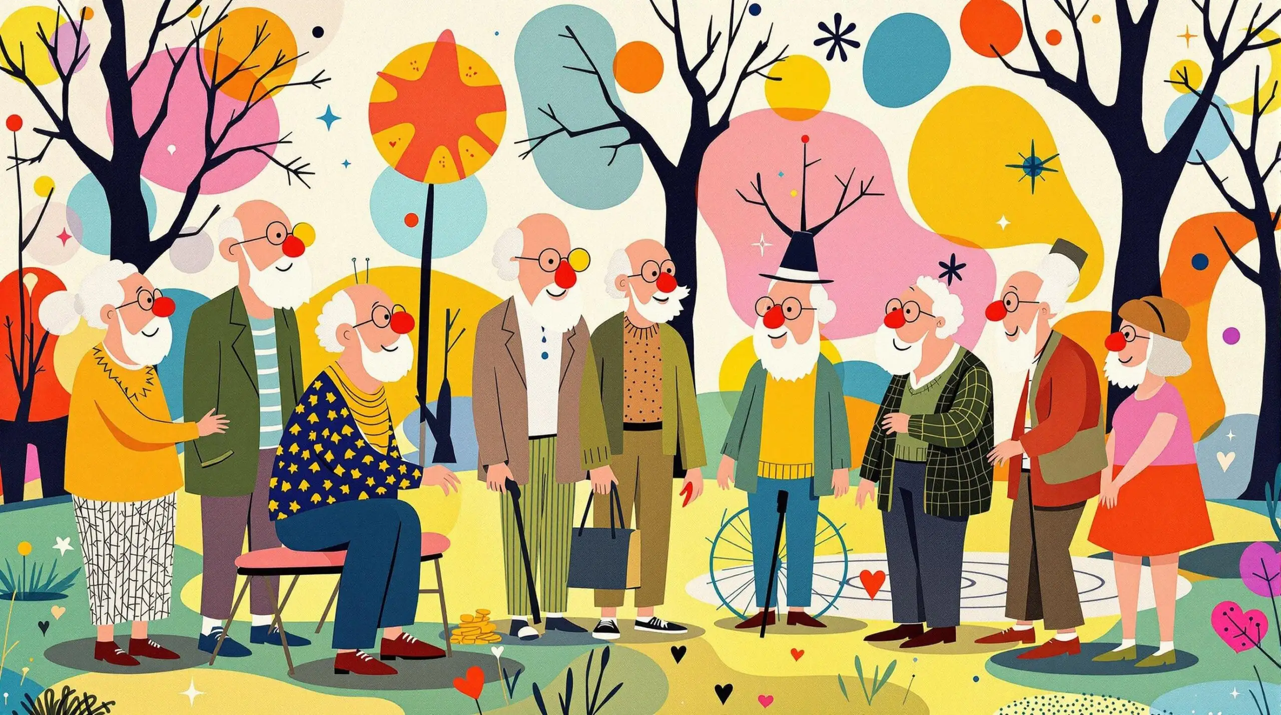 Vibrant illustration of seniors living healthily past 100 with a playful park backdrop.