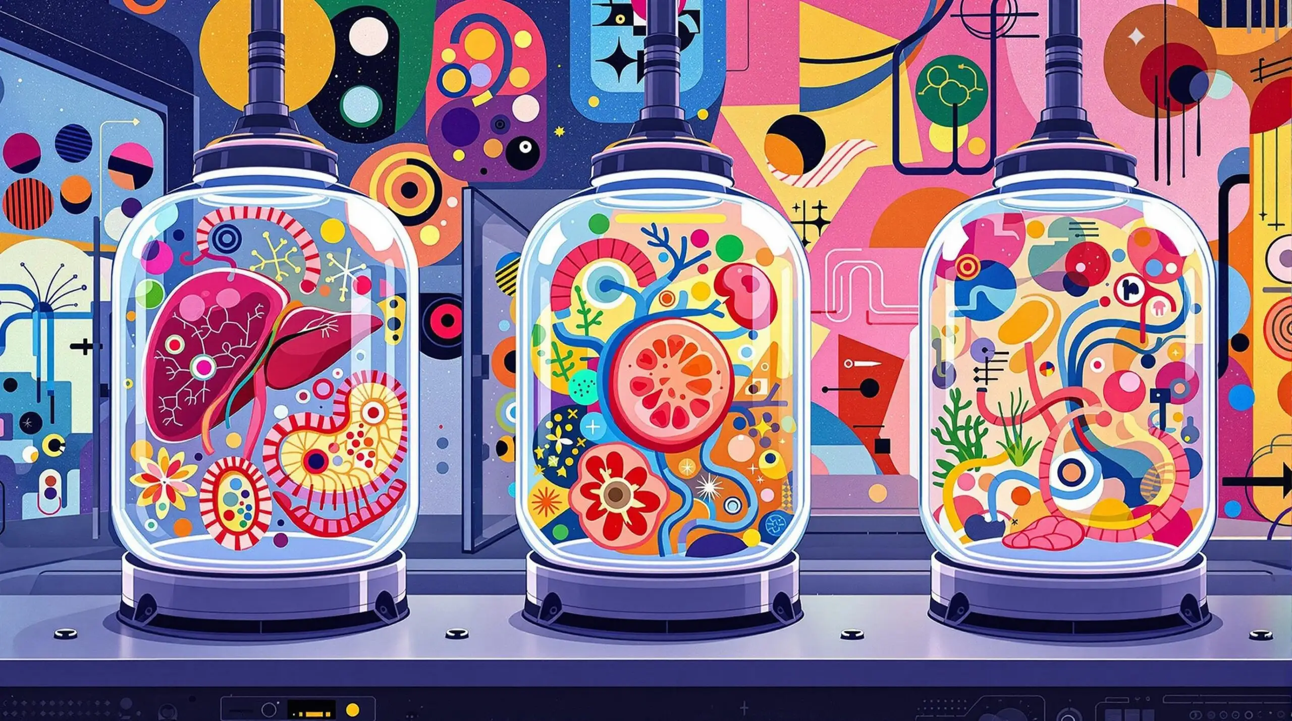 Lab-grown organs in bioreactors with abstract patterns in the background.