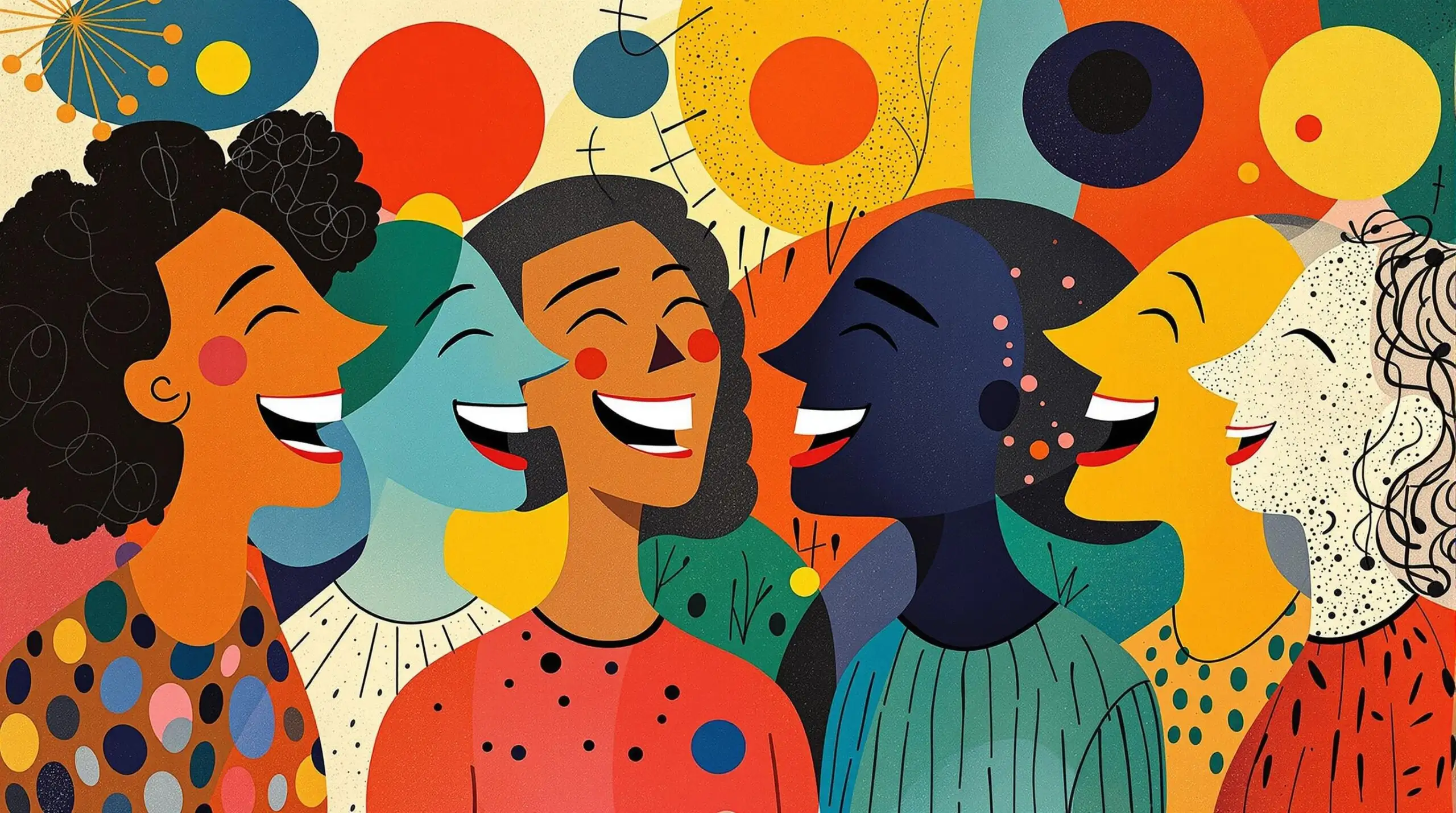 A group of people laughing joyfully, surrounded by abstract shapes and vibrant colors.