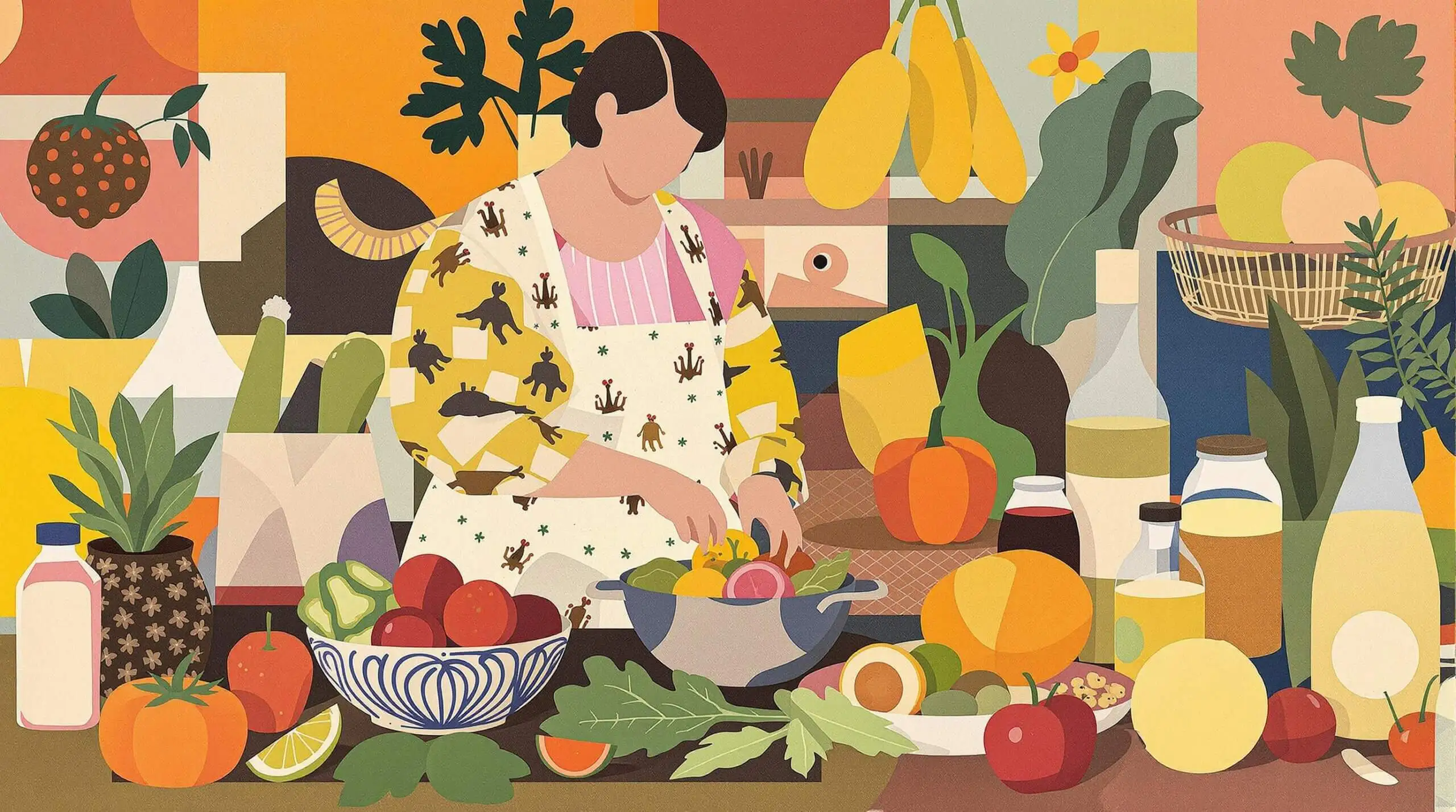 A collage featuring vibrant images of vegetables, fruits, and grains in a lively kitchen setting.