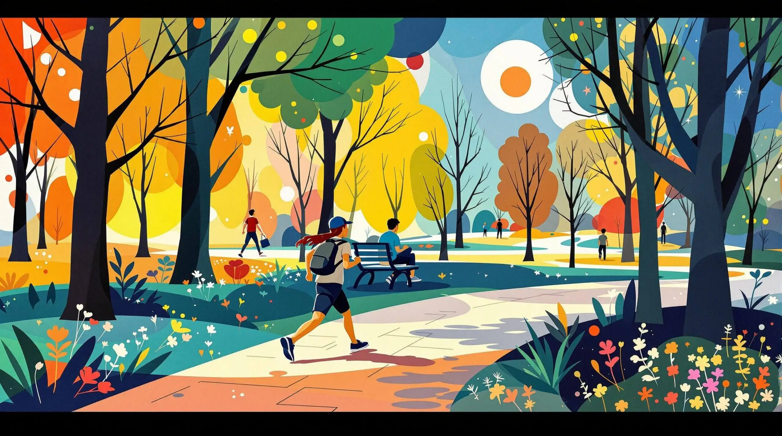 A person jogging in a park surrounded by colorful abstract shapes, symbolizing energy and health.