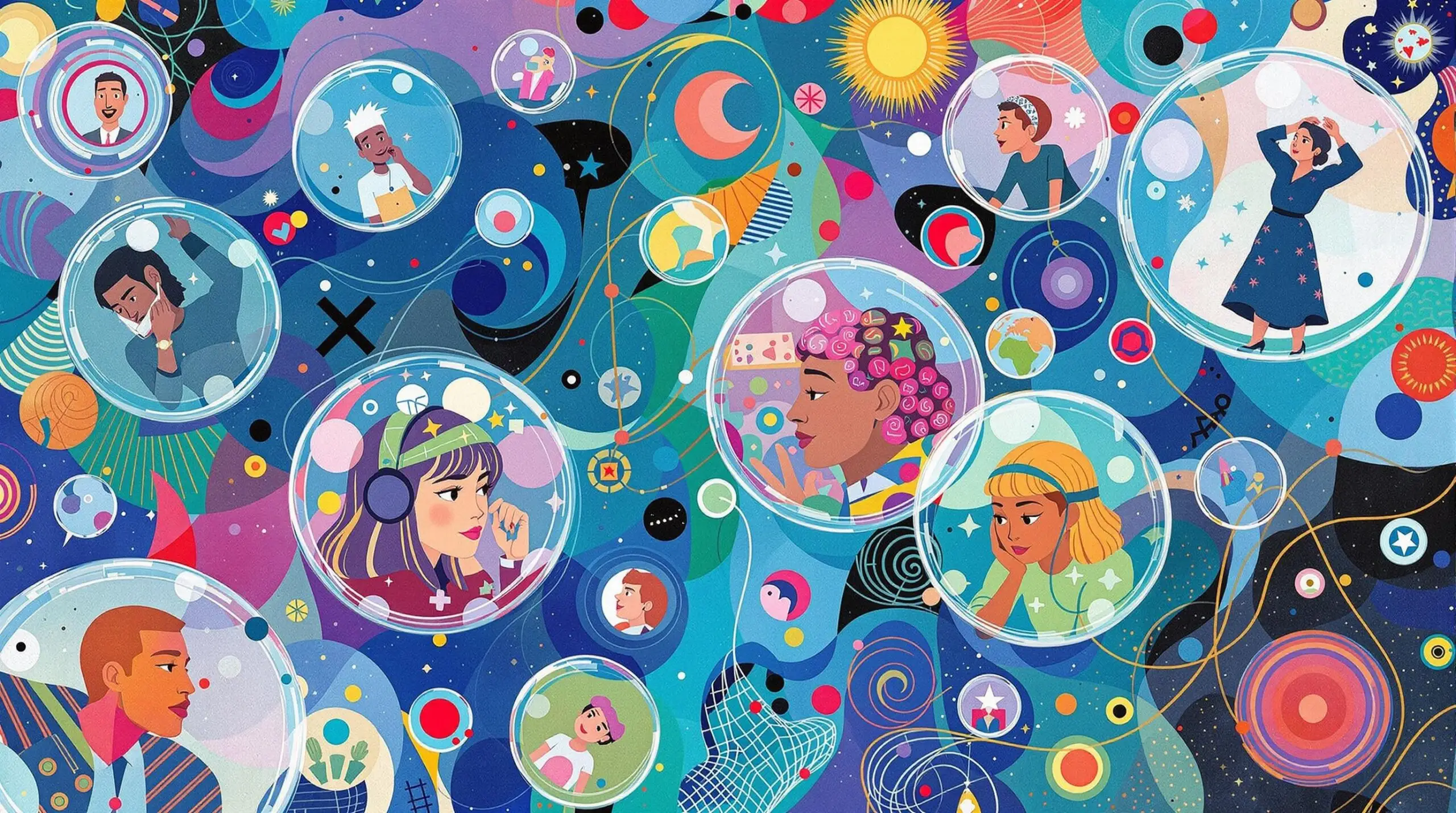Individuals in bubbles with abstract patterns, symbolizing social isolation.