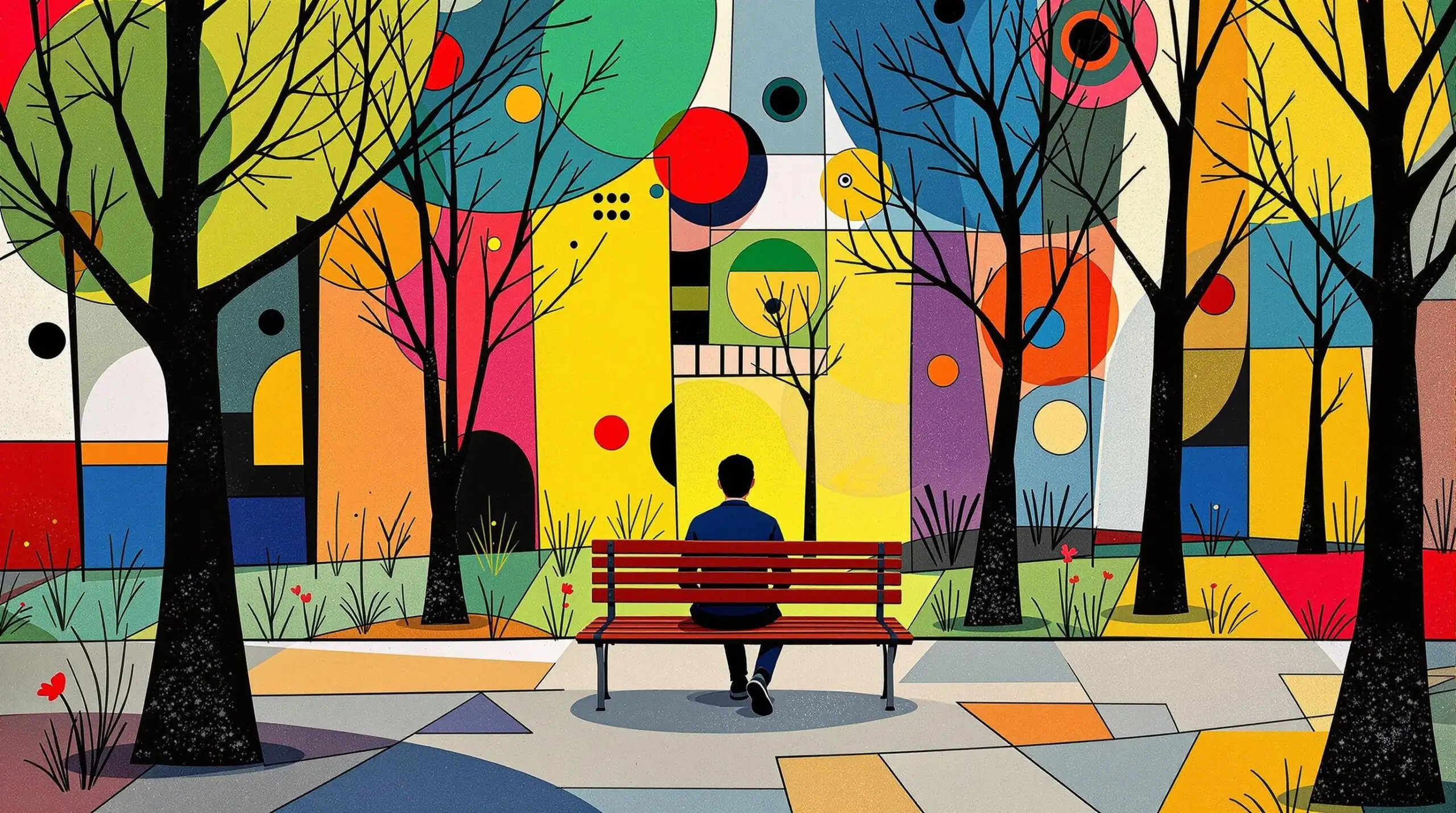 Abstract lonely figure sitting on a park bench, surrounded by vibrant shapes.