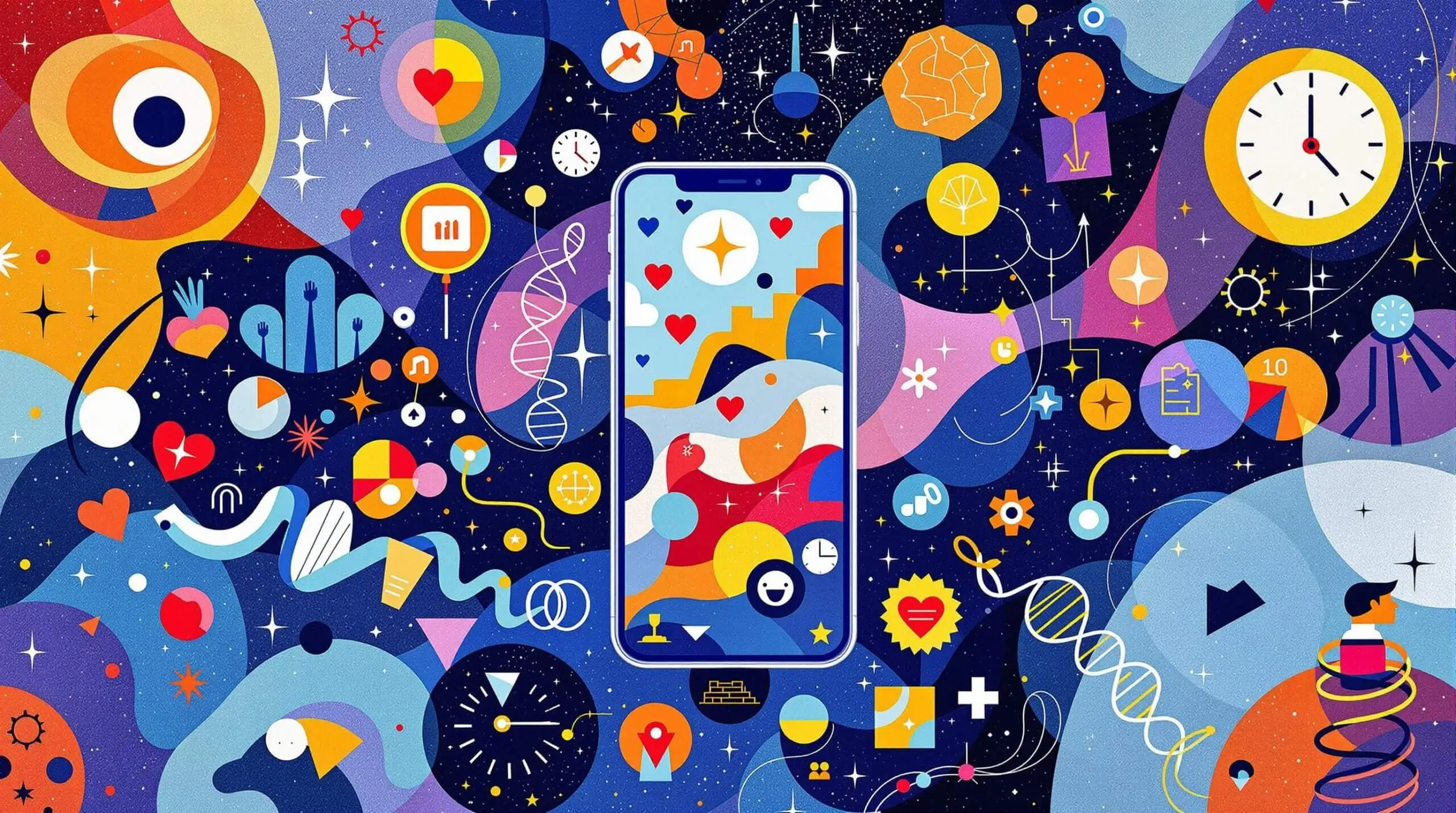 Artistic illustration of a smartphone surrounded by health symbols in a Kandinsky style